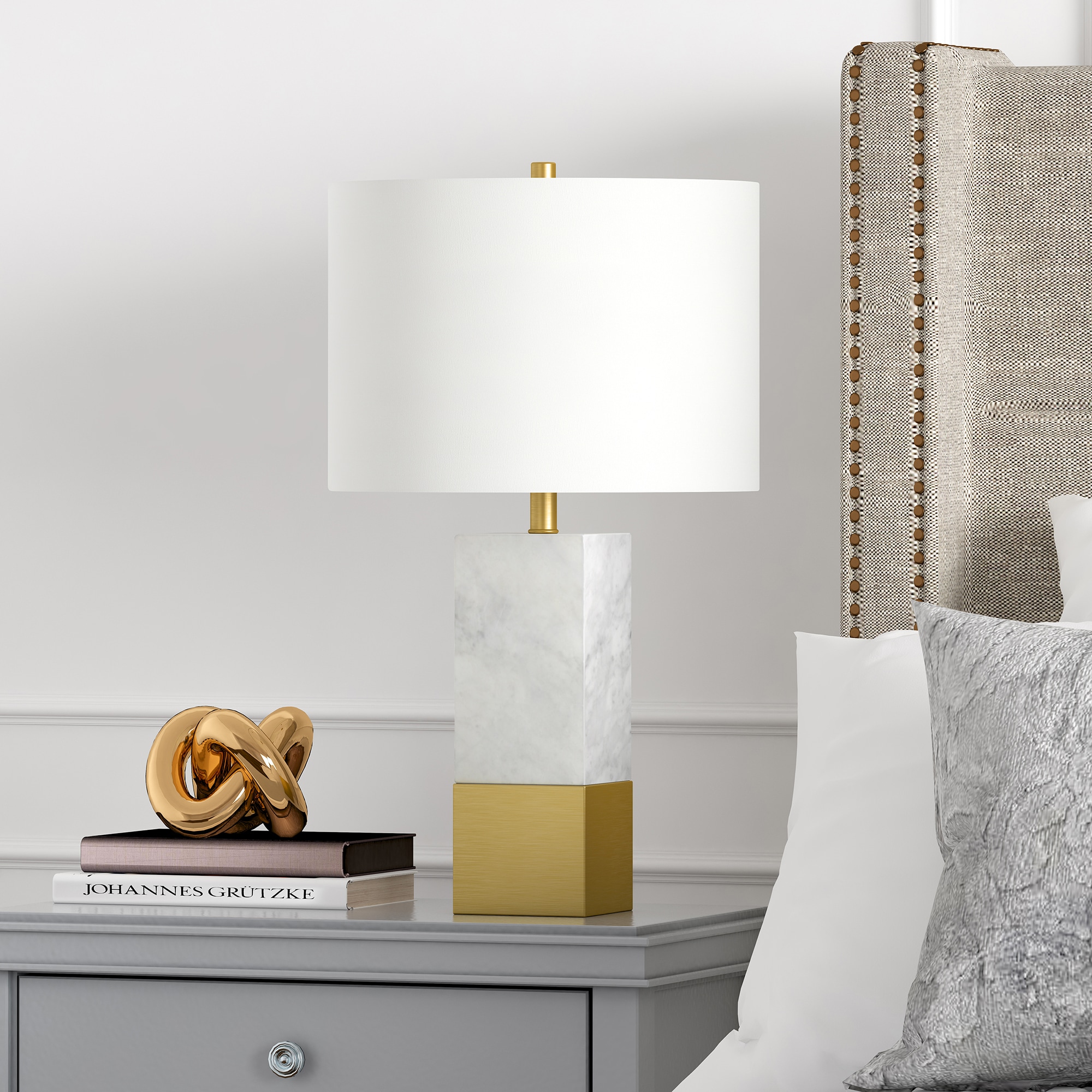 Hailey Home TL0048 Lena 215-in Marble/brass Rotary socket Table Lamp with Fabric Shade