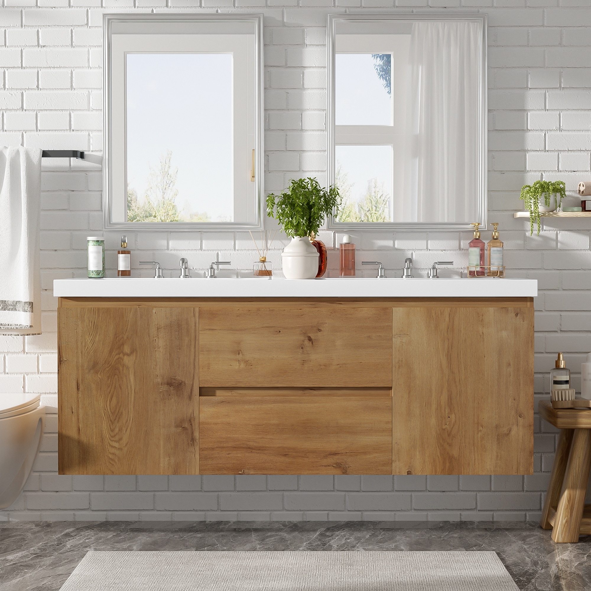 HyperDrop Cart 59.3 Inch Double Sink Bathroom Vanity with SMC Top MDF Cabinet Soft Close Doors Divided Drawers Wall Mounted Modern Storage Vanity for Large Bathrooms
