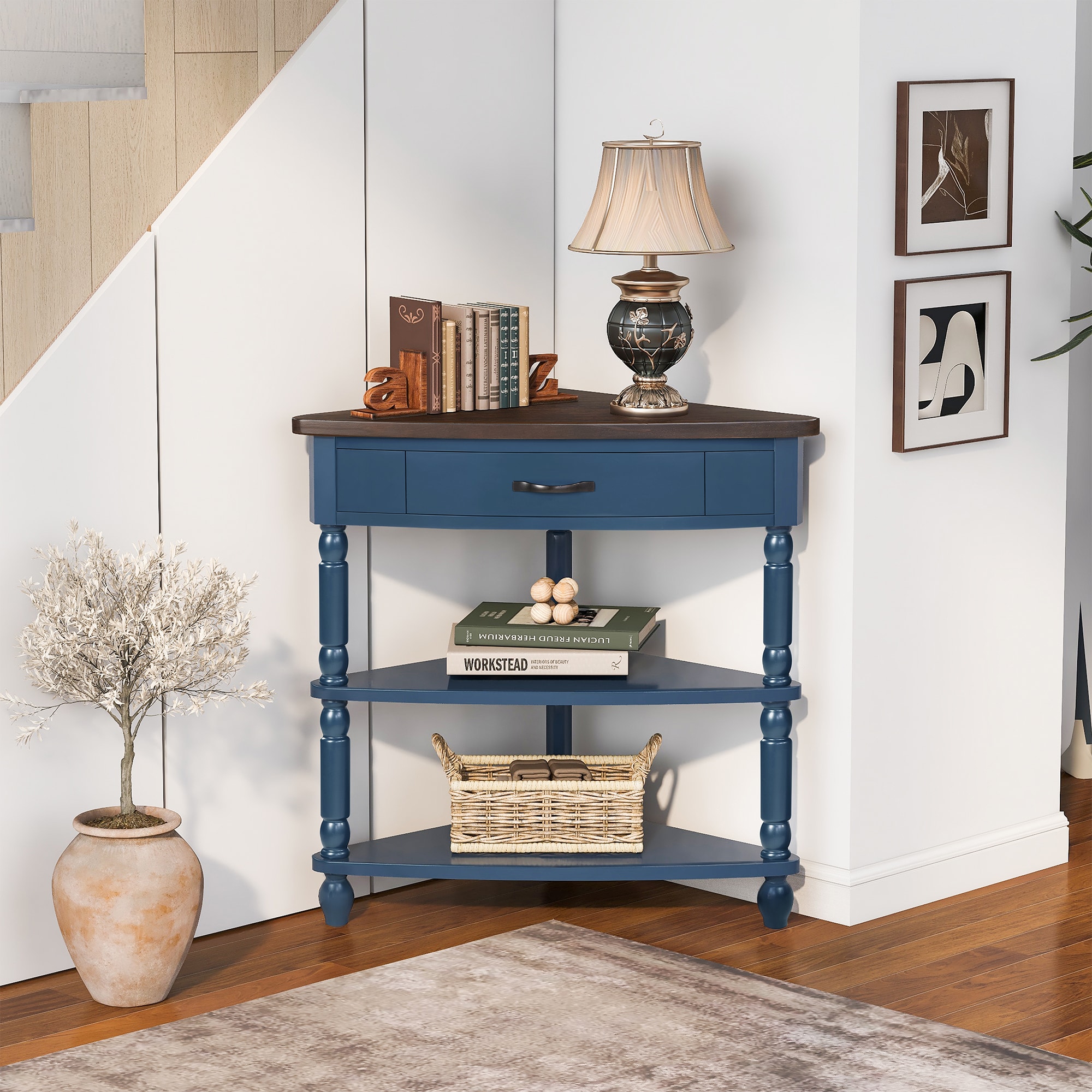 GDFStudio Elias 3-Tier Storage Rubberwood Triangle Corner Table