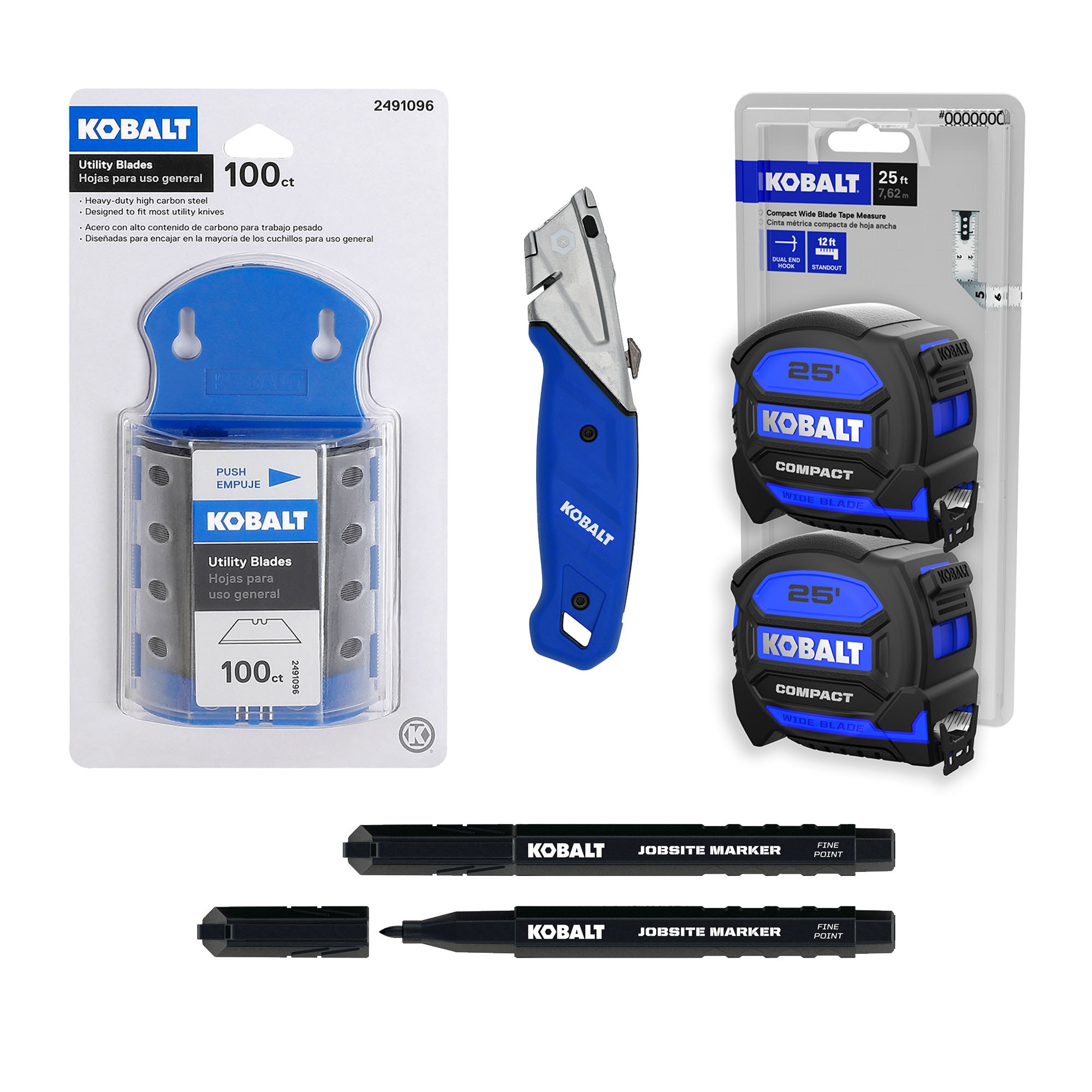 Kobalt Heavy Duty 3-Blade Utility Knife, Tape Measure, Razor Blade, & Jobsite Marker Kit