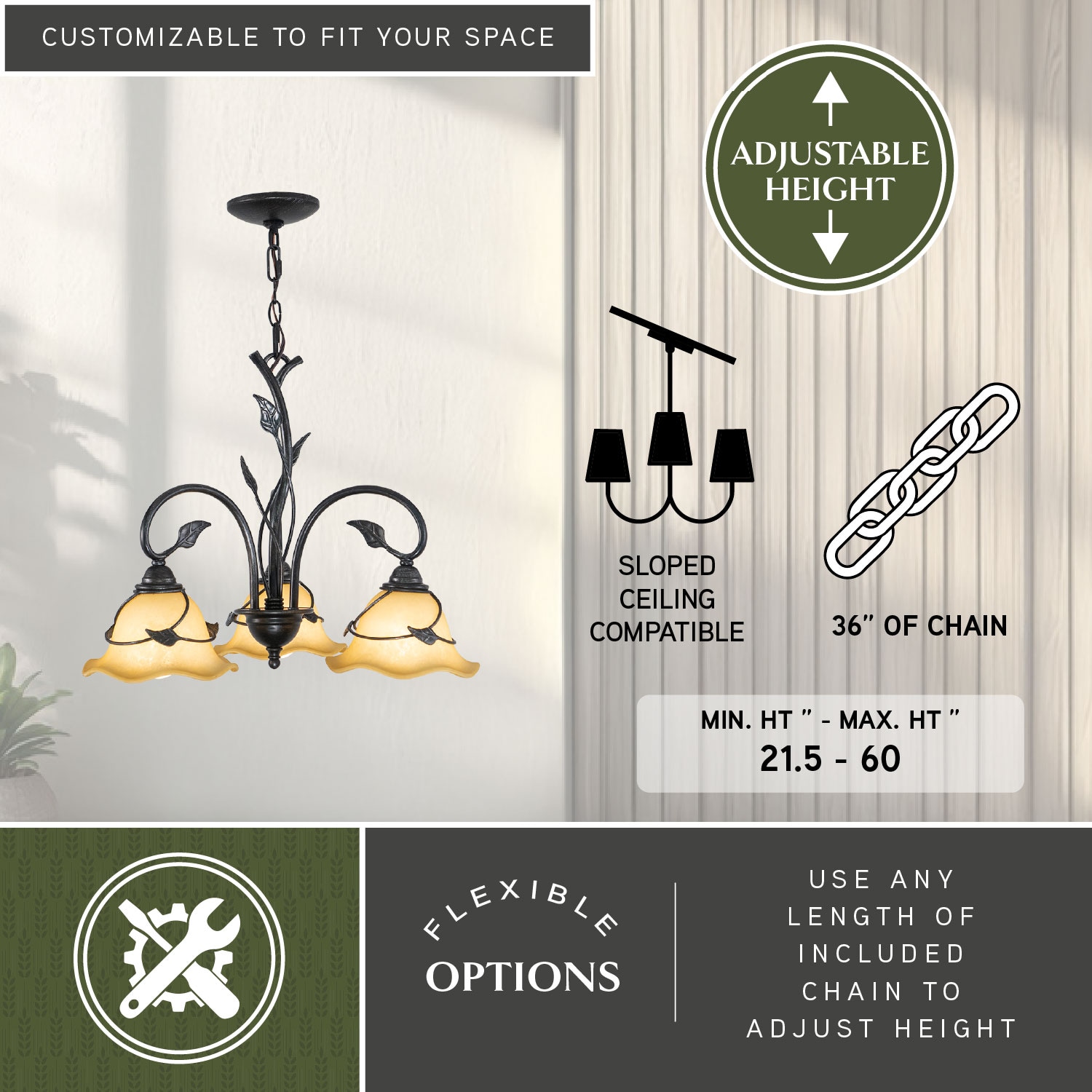 Vine Black Steel 3-Light Chandelier with Amber Glass Shades