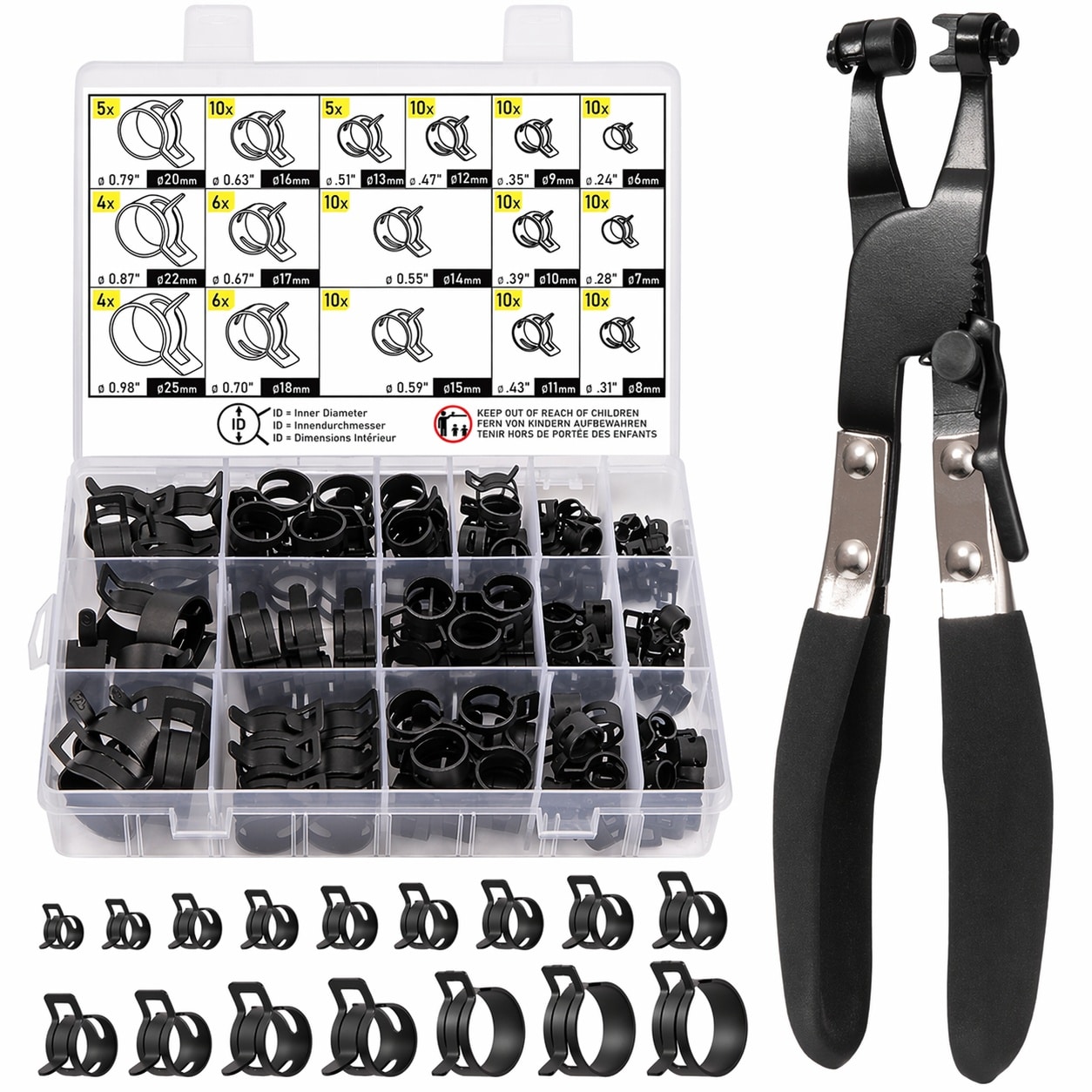 Misopily  130Pcs 6 25mm Spring Band Hose Clamp Assortment with Swivel Clamp Pliers Constant Tension Radiator Hose Clamps Black Hose Clips for