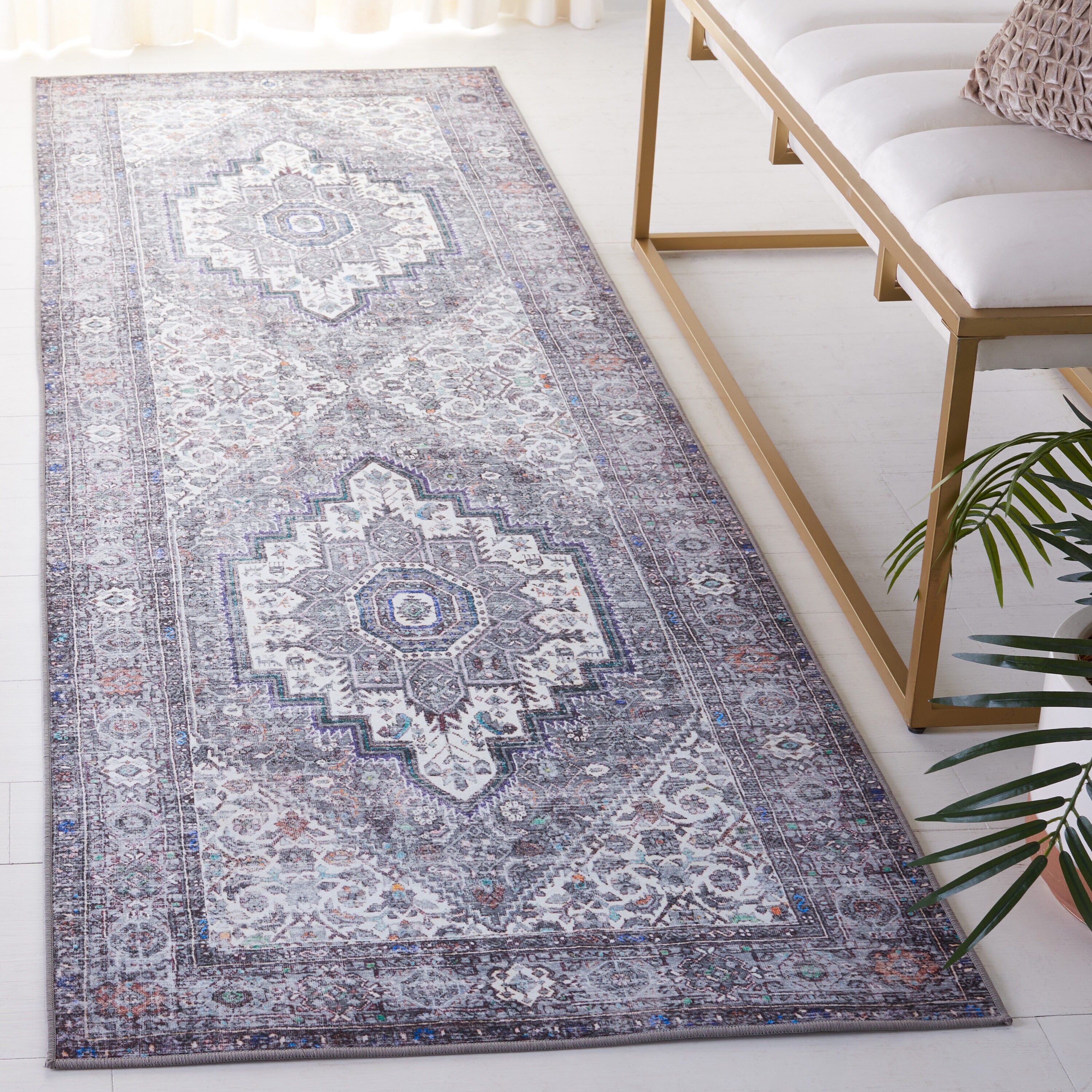 Safavieh TSN198B-28 Tucson 3 x 8 (ft) Loomed Polyester Beige/Gray Rectangular Indoor Border Machine washable Runner rug