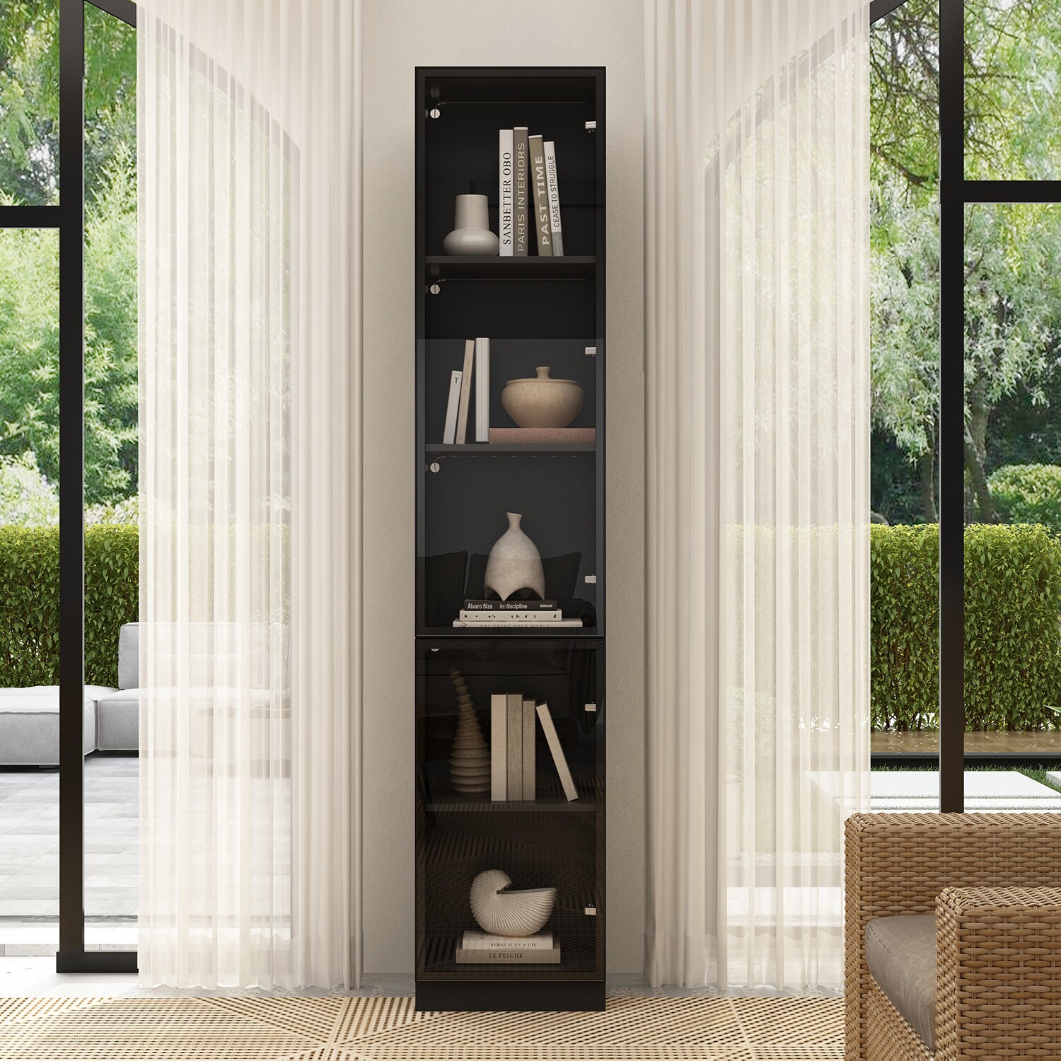 FUFU&GAGA JH0372-01 Black MDF 5 -Shelf Bookcase with Doors ( 15.7-in W x 78.7-in H x 14.2-in D ) Finished