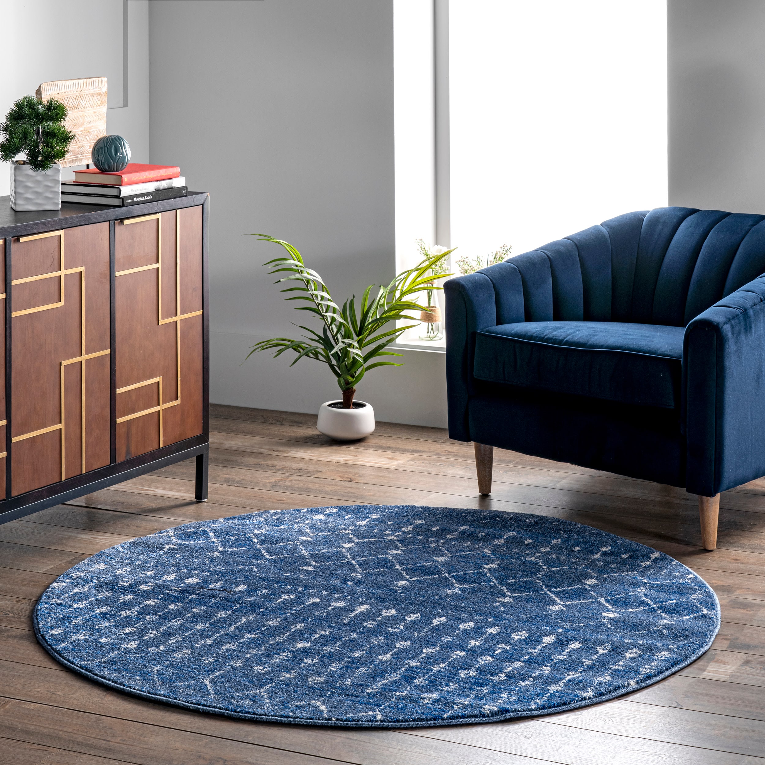 nuLOOM RZBD16J-R404 Bodrum 4 x 4 (ft) Loomed Polypropylene Dark Blue Round Indoor Trellis Moroccan Area rug