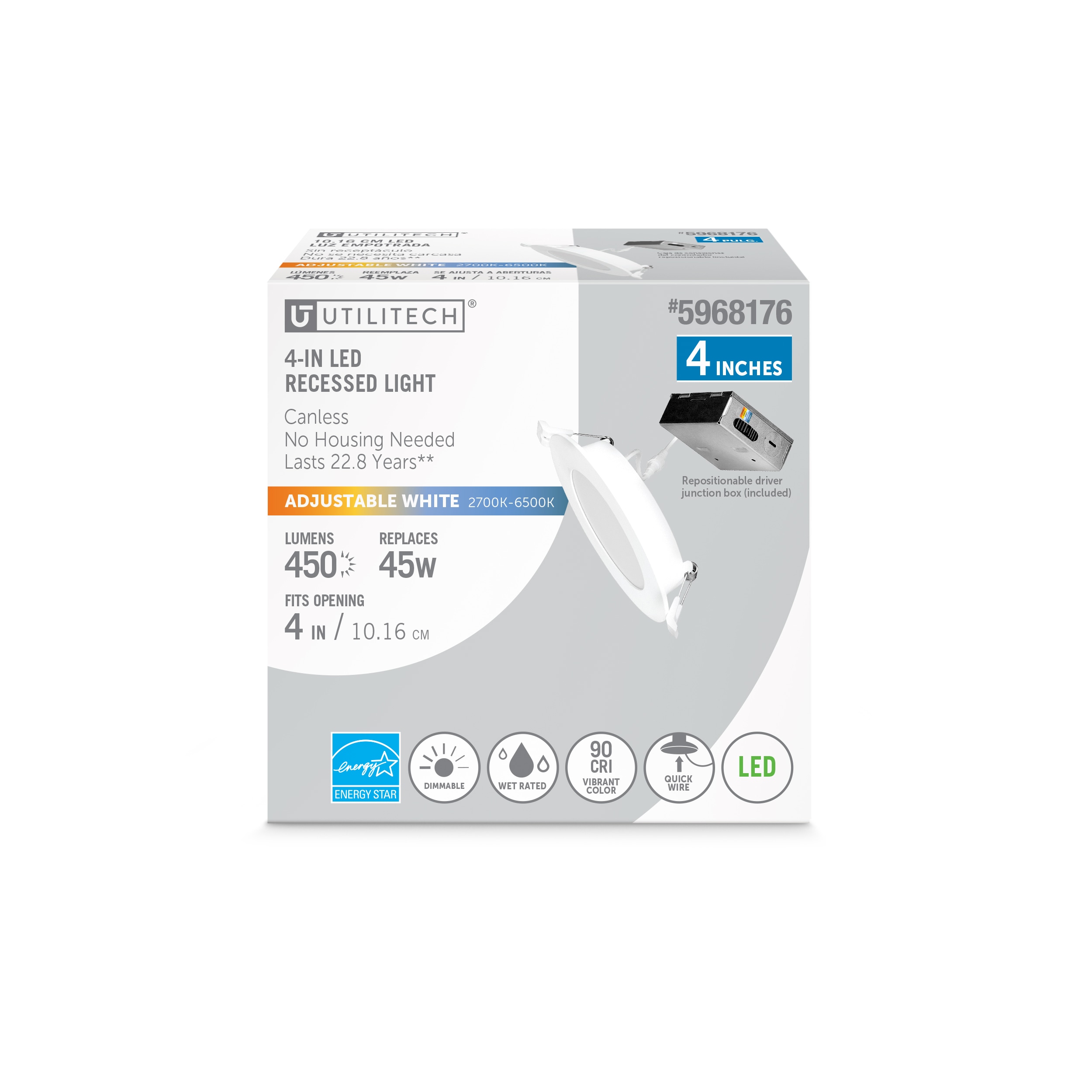 Utilitech LLEDR4XTP/5CCT White 4-in 450 -Lumens Switchable white Round Dimmable LED Canless Wet rated Recessed Downlight