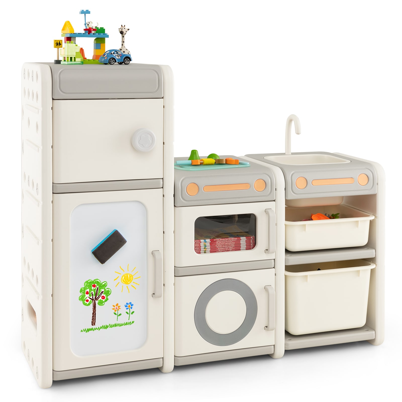 Fenbeli Kids Toy Storage Organizer with Learning Table Magnetic Board and Faucet for Playroom and Bedroom