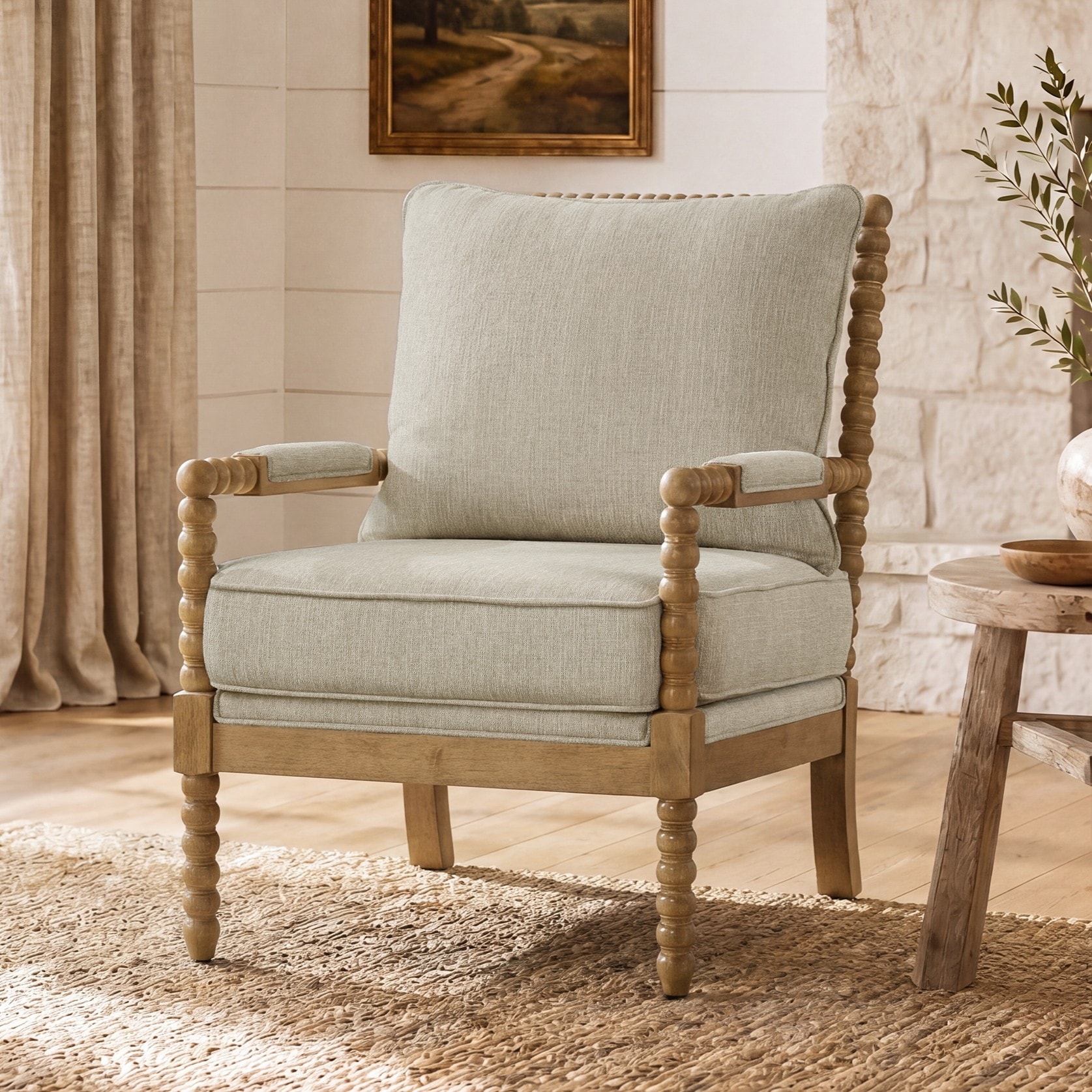 FARATI Solid Wood Spindle Design 26.5-in W Midcentury Brown Linen Accent Armchair