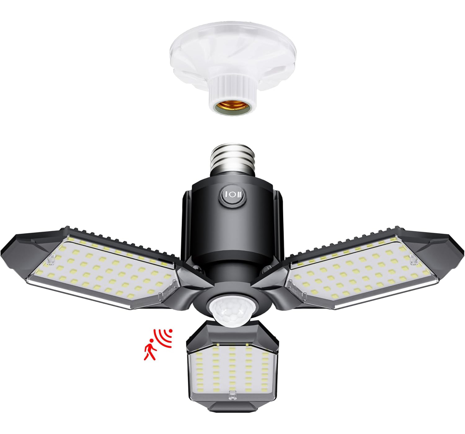 Etokfoks  80W Motion Sensor LED Garage Shop Light 8000 Lumens 3 Deformable Panels PIR Sensor E26 5000K Daylight Dusk to Dawn Automatic On Off