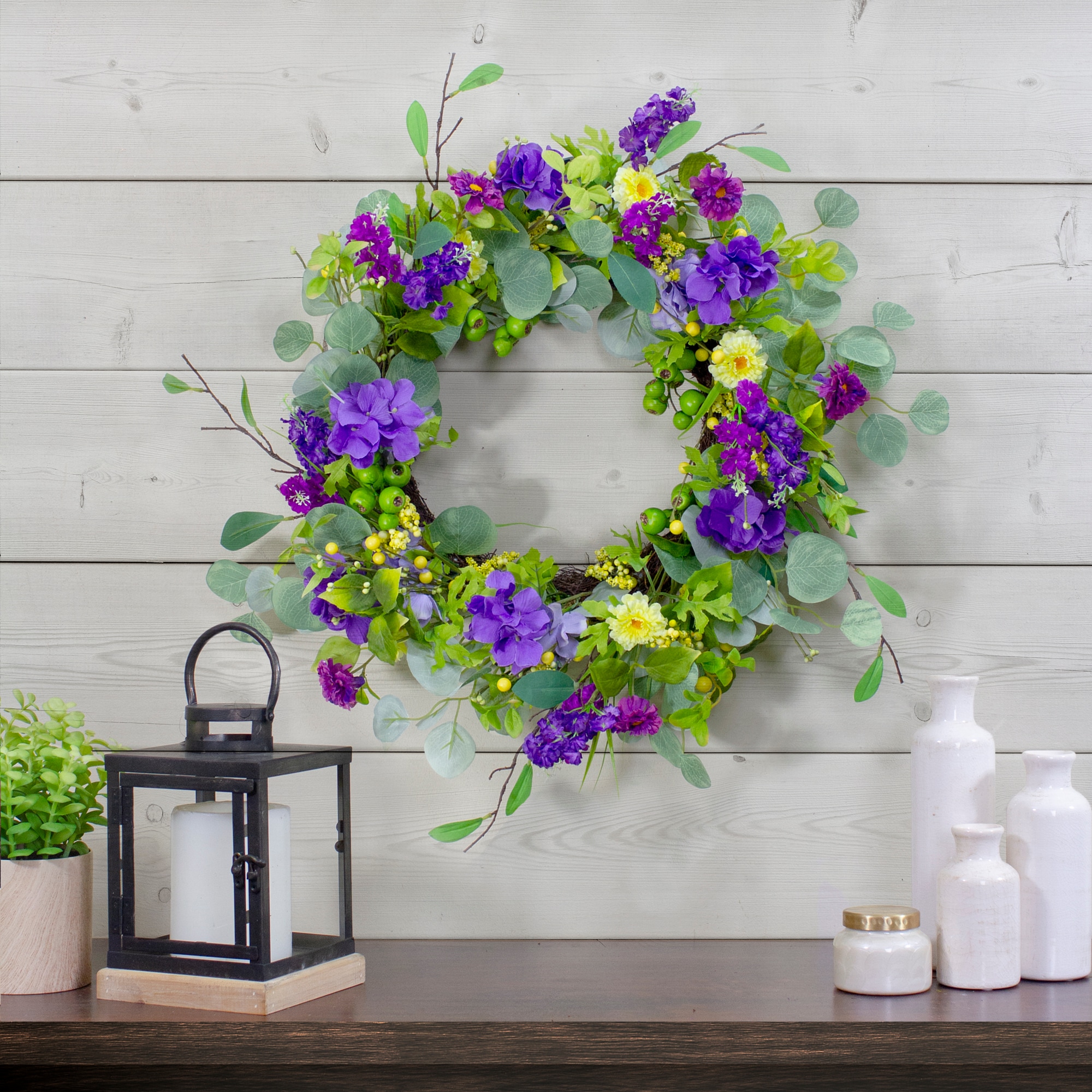 Purple and Yellow Eucalyptus Hydrangea Spring Wreath 23"