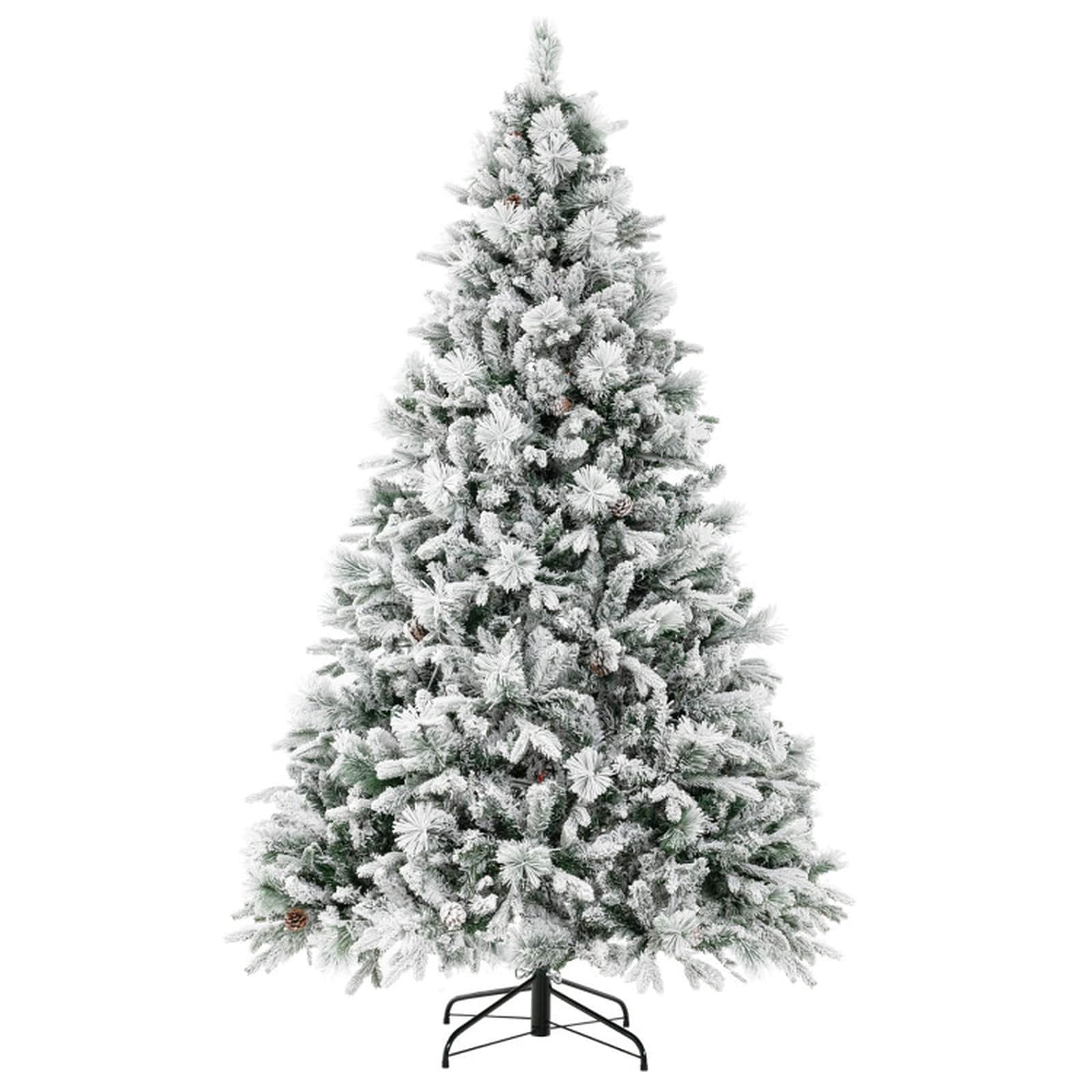 SUGIFT 7-ft Pre-Lit Artificial Christmas Tree with 1270 Flocked Branch Tips 320 Multi-Color LED Lights 40 Pine Cones 8 Lighting Modes Pine Needle PE PVC Foliage 22-in Folding Metal Stand 4.3-ft Wide Full Holiday Tree and Low-Voltage LED Strings