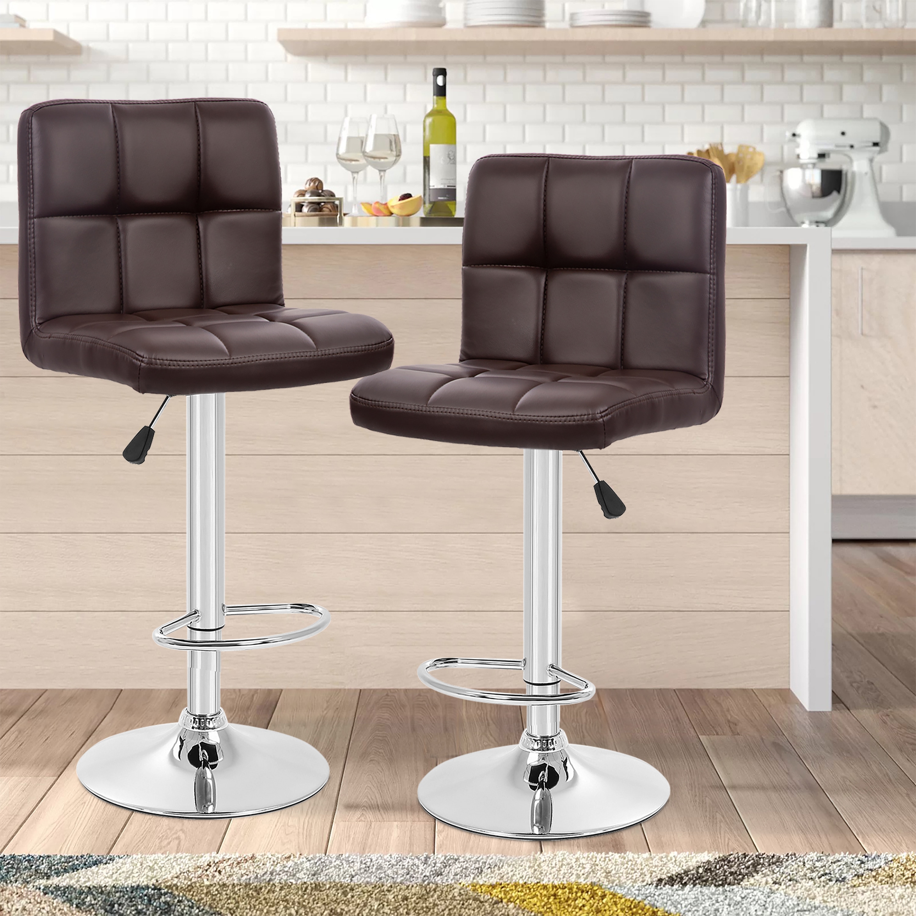 Furniture of America 004L-B06-BR Reiner 2 -Set Brown 25.2-in H Adjustable Height Counter height Square seat Upholstered Swivel Metal Bar Stool and Back