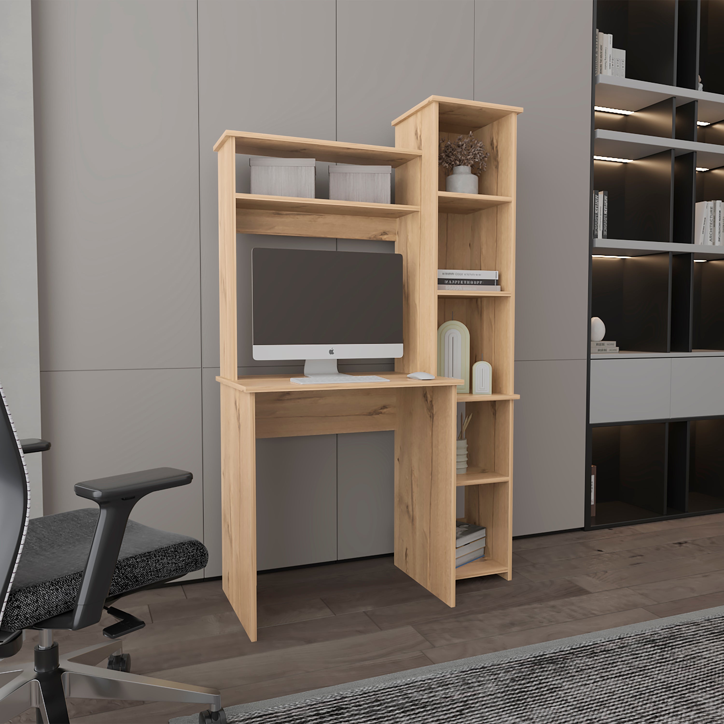 JUSHUA - Light Oak 6-Shelf Writing Desk with Built-in Bookcase