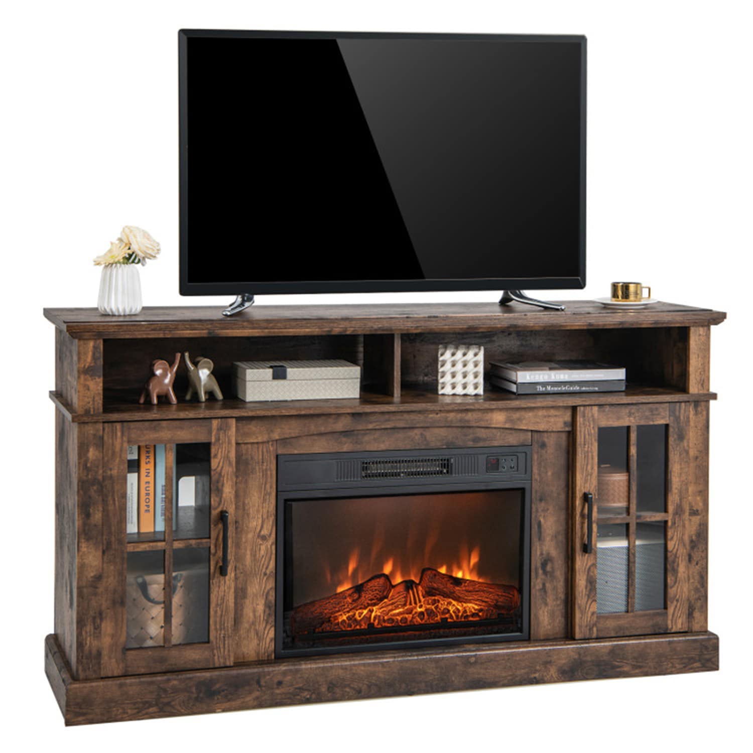 Clihome CL-FP10106BN 58-Inches W Brown TV Stand with Fan-forced Corner Electric Fireplace with Remote Control Included