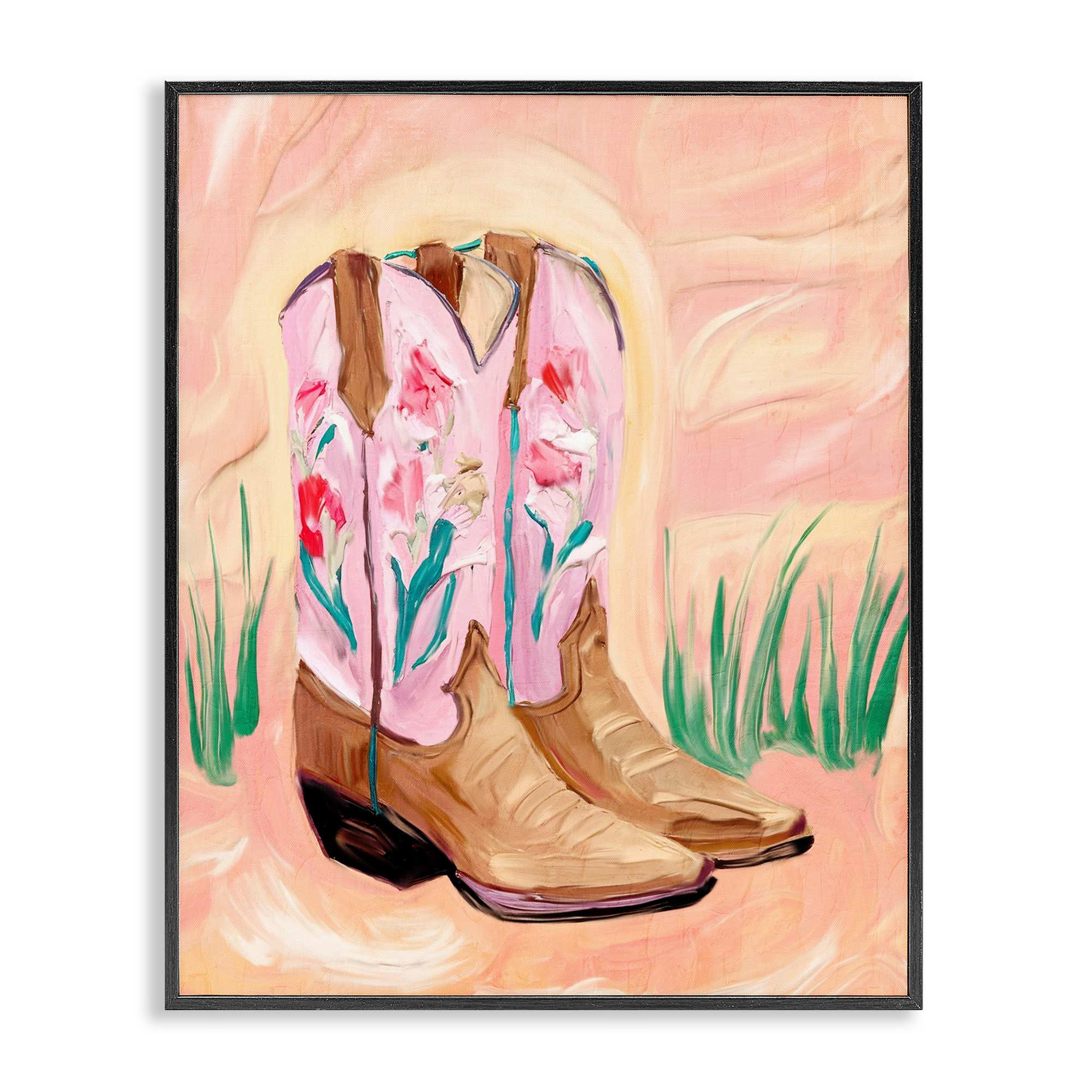 Stupell Industries - Floral Pinks Boots Black Framed Giclee Art 24 x 30