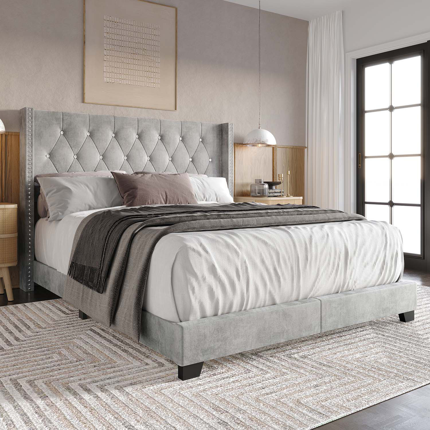 CasePiece C8403KUB-SGY-VV Silver Grey King Wood Upholstered Bed