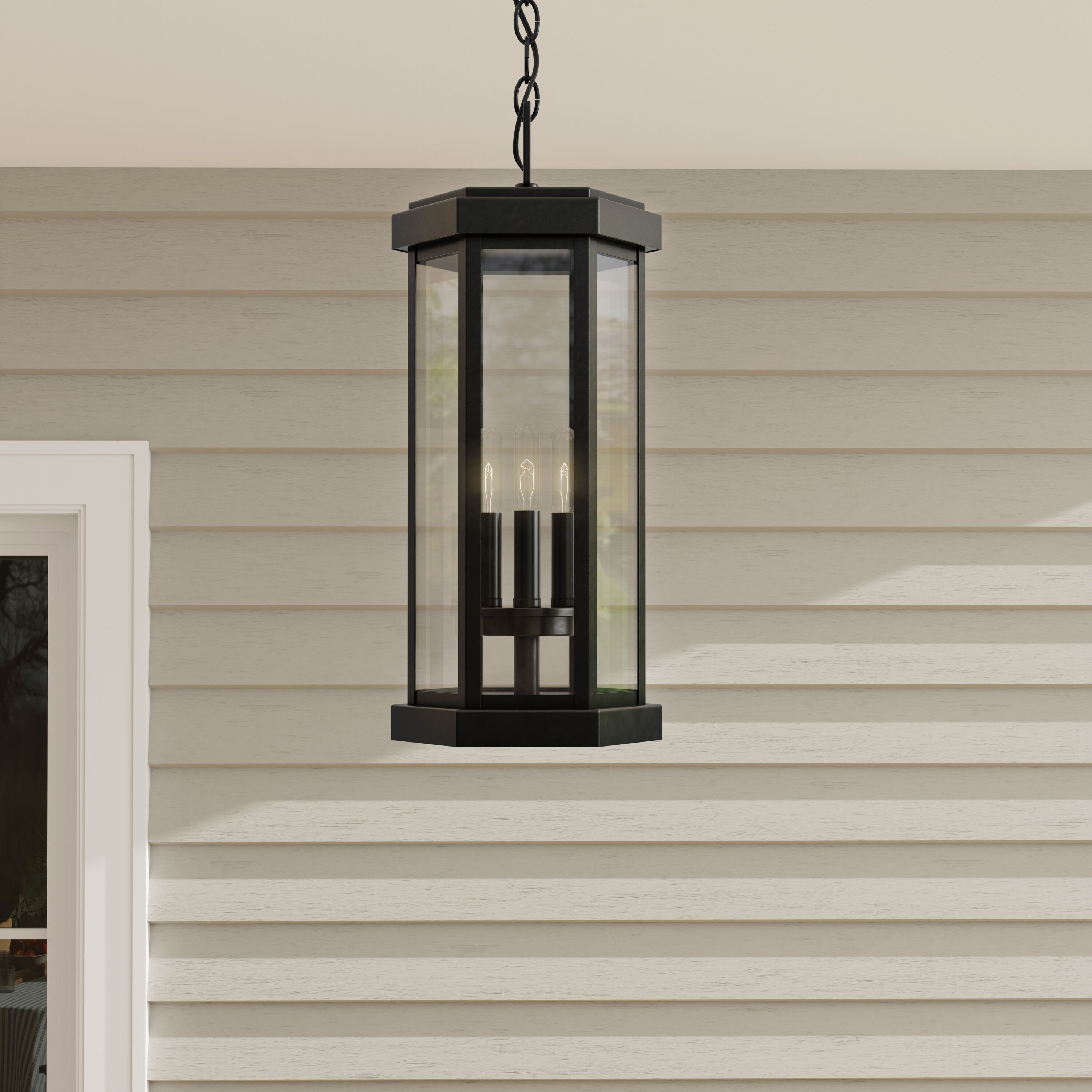 Progress Lighting P550132-031 Ramsey 3 -Light Textured Black Farmhouse Clear glass Geometric Small Indoor/Outdoor Hanging Pendant light