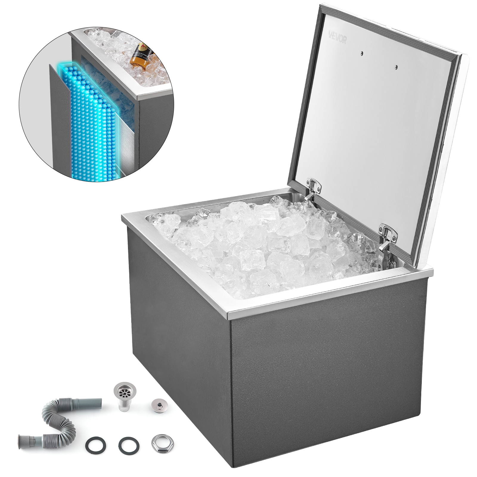 VEVOR QRSJ28X18X17XCE1KV0 113.7-Gallon 27 X 20-IN Drop-in Ice Bin Chest SUS201 + Aluminum Alloy Stainless steel Ice Bucket