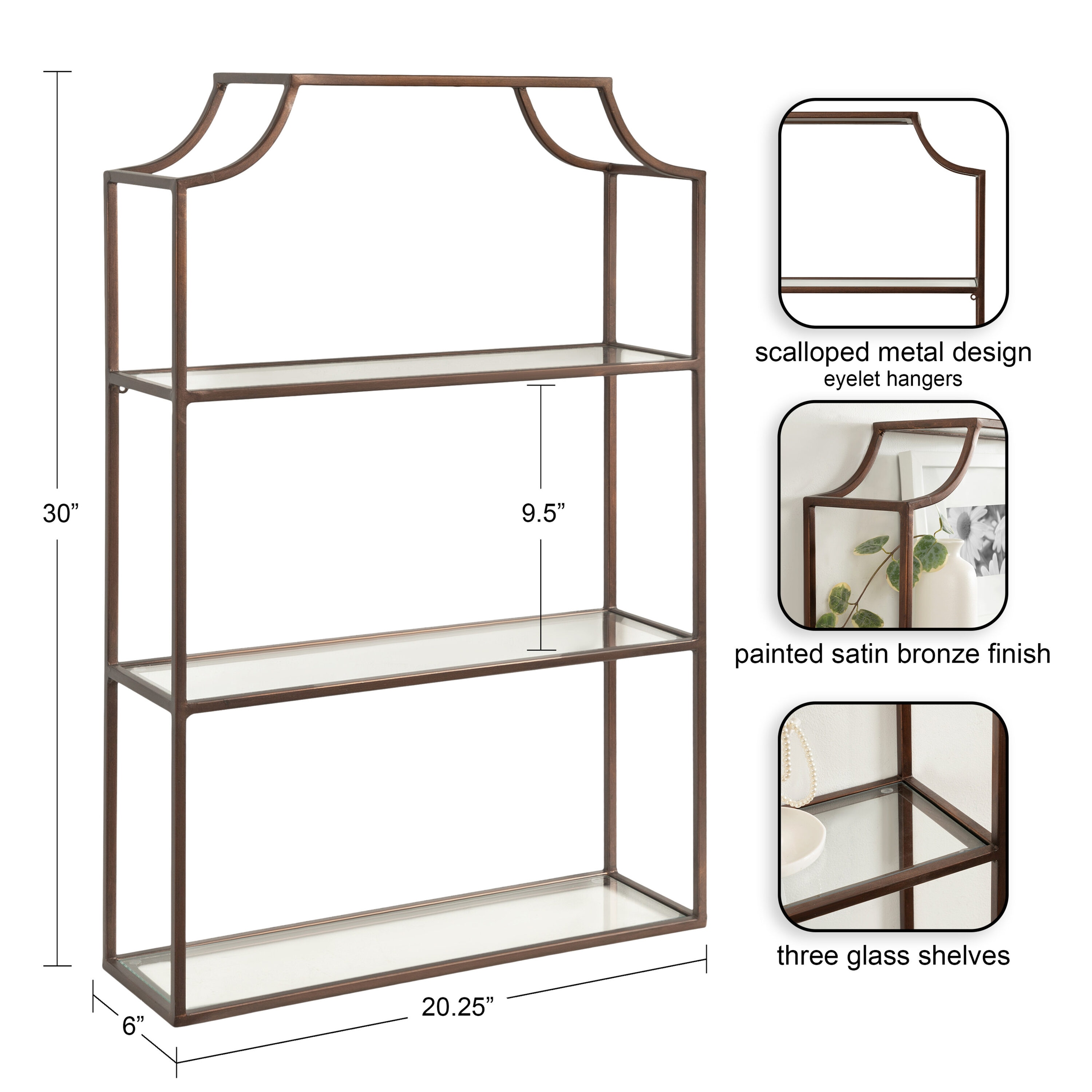 Bronze Metal Geometric Wall Shelf with Glass Tiers