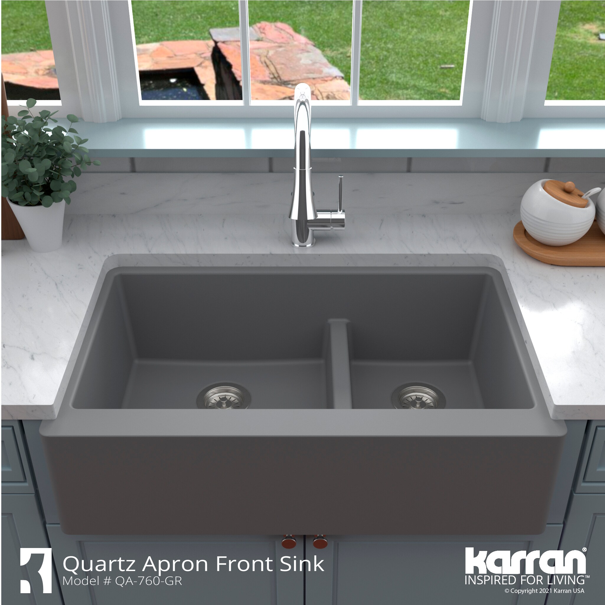 Gray Quartz 34'' Double Bowl Farmhouse Kitchen Sink Kit