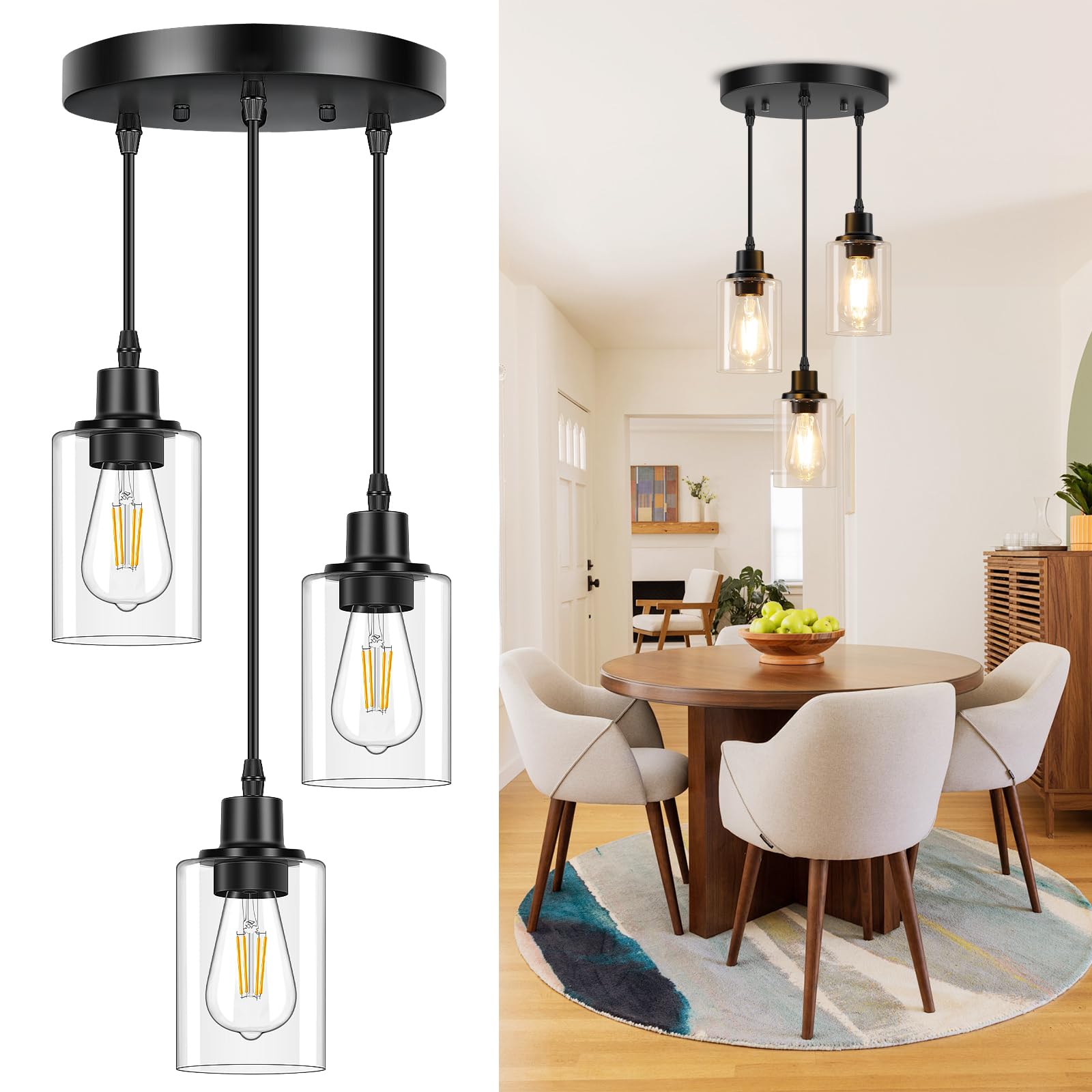 AOIZGMY  3 Light Pendant Lighting Black Adjustable Height Clear Glass Shade Modern Hanging Light Fixtures for Kitchen Island Dining Room Hallway