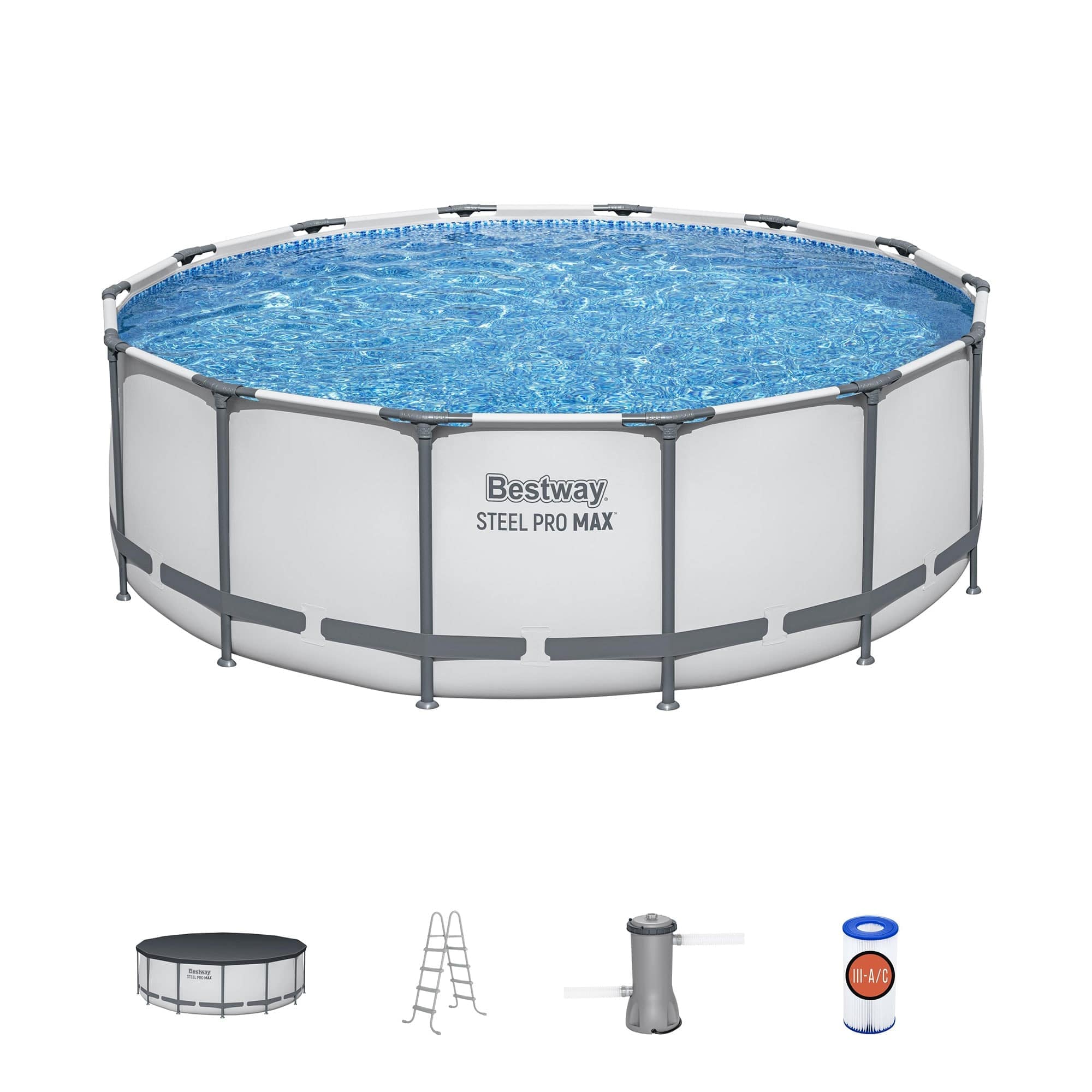 Bestway 207557 14-ft x 14-ft x 48-in Metal frame Round Above-Ground Pool with Filter Pump with Pool Cover with Ladder