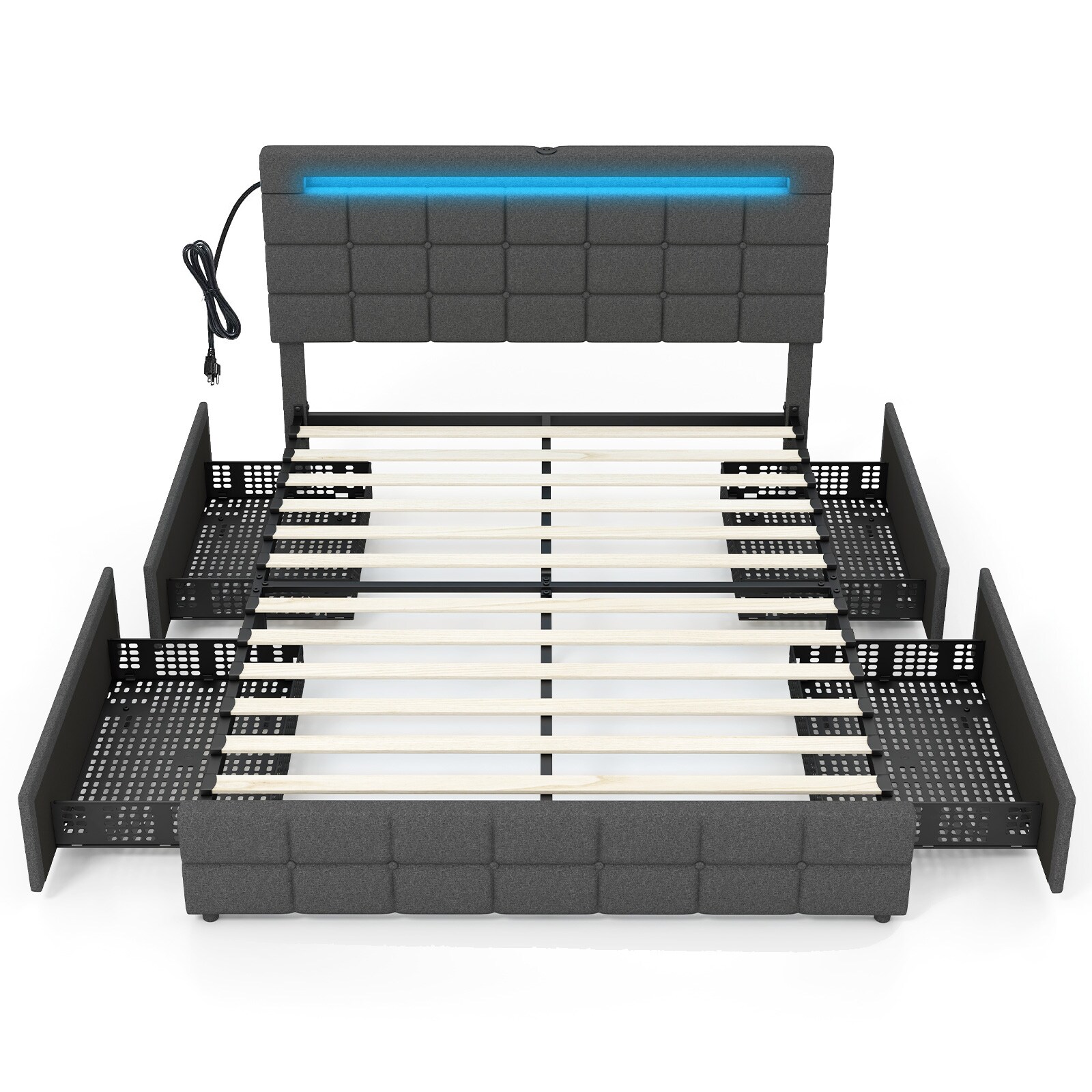 Slickblue - Gray Upholstered Platform Bed with LED Headboard and 4 Storage Drawers - Twin/Full/Qu...