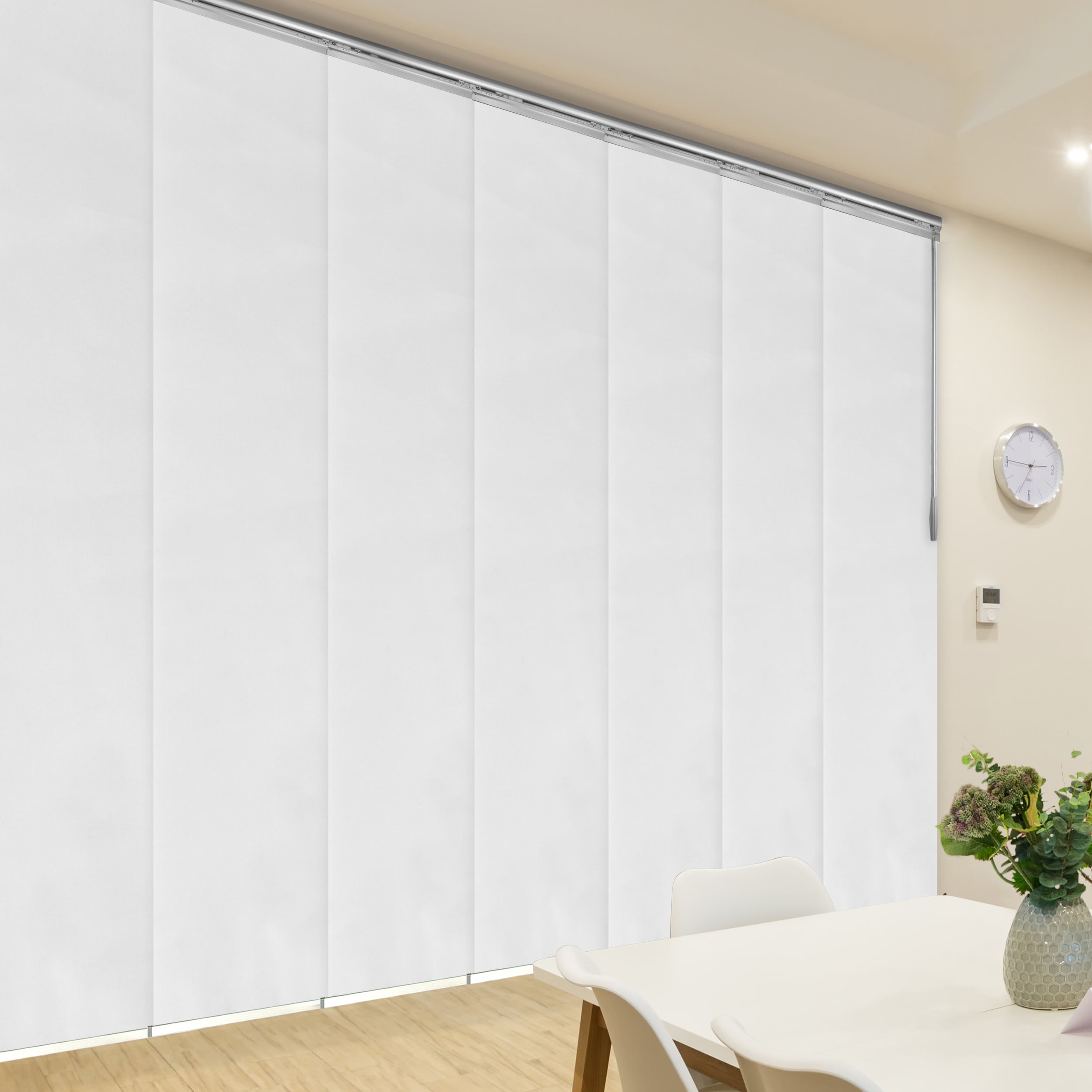 Hart & Harlow L-T24-7-7P25A Collandale white 7-panel 0.3-in Slat Width 23.5-in x 94-in Cordless Satin Nickel Aluminum Light Filtering Vertical Blinds