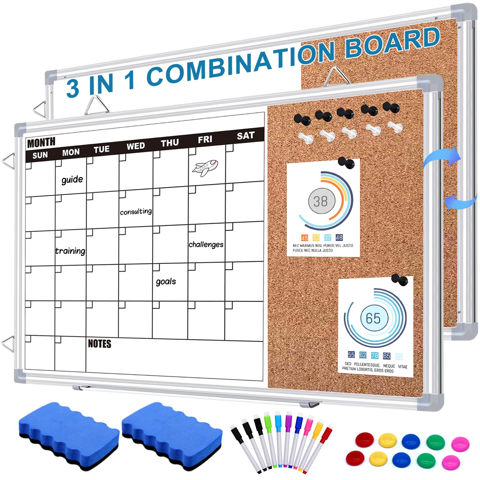 PIGFDK Calendar Whiteboard 36 X 24 inch Double Sided Monthly Dry Erase Cork Combo Magnetic Planner Office Home School
