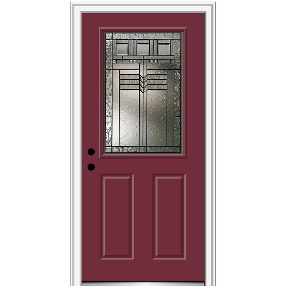 MMI DOOR ZZ3664108R 34-in x 80-in x 4-9/16-in Fiberglass Half lite Right-hand inswing Burgundy Painted Prehung Front Door with Brickmould Insulating core