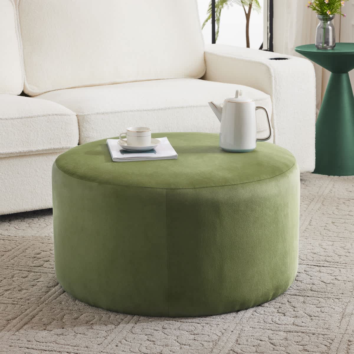 Maison Boucle - Green Velvet Round Accent Ottoman 30.5-in Upholstered Footrest for Living Room