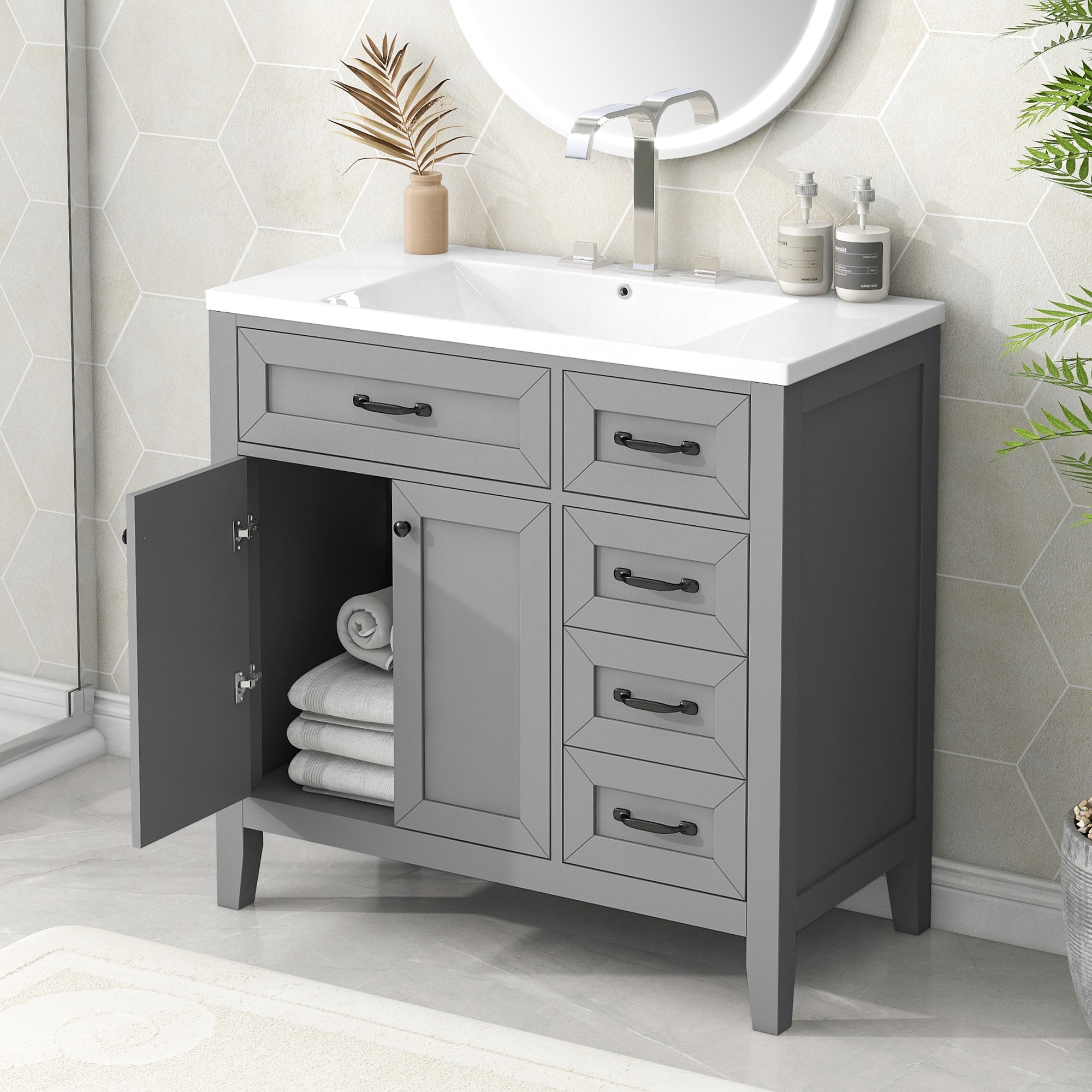 FAVSH  Freestanding Grey 36-in Single Sink Bathroom Vanity with White Ceramic Top Assembly Required 2 Drawers 2 Doors Storage