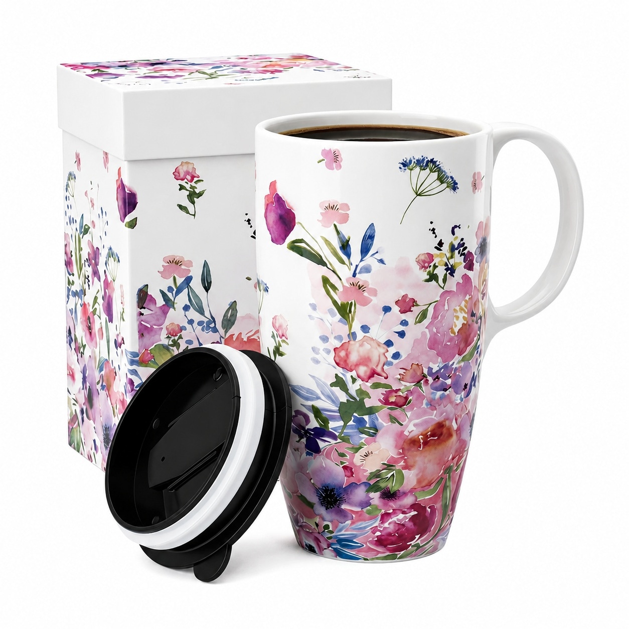 Aoibox  17 oz Pink Floral Porcelain Tall Coffee Mug with Lid and Handle 3 5 in W x 6 5 in H Generic