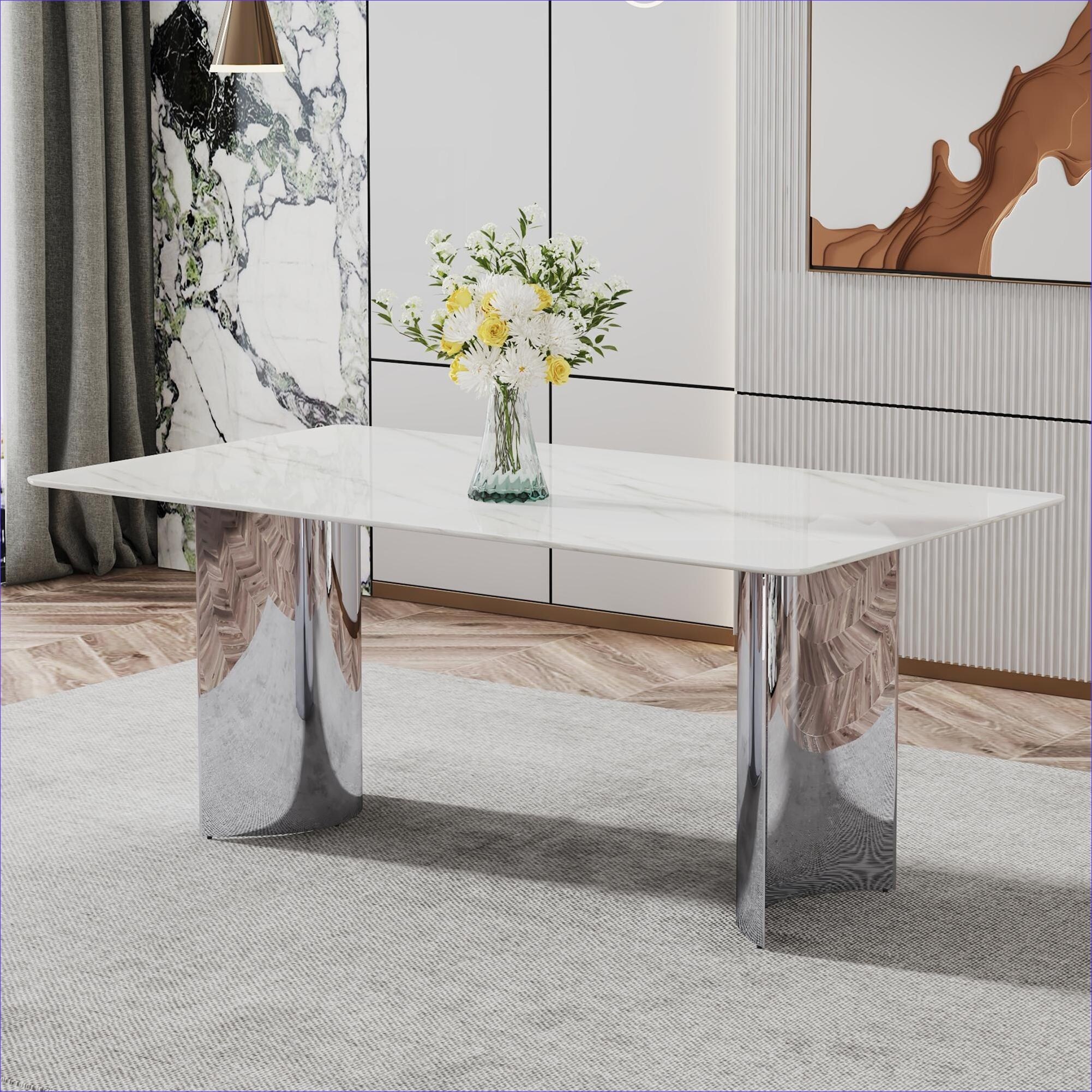 Watnature Sleek Silhouette Clean White Imitation Marble Glass Dining ...