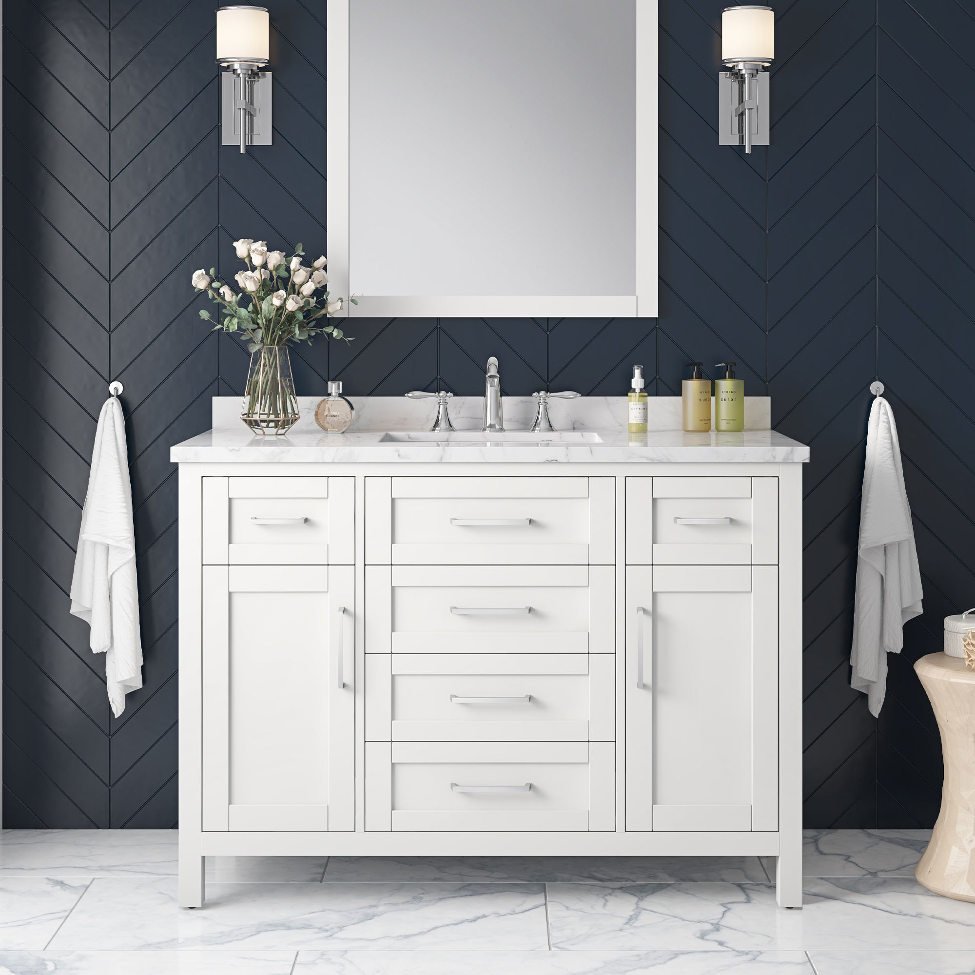 OVE Decors 15VVA-TAHO48-007 Tahoe 48-in White Undermount Single sink Bathroom Vanity with White Carrara Natural marble Top