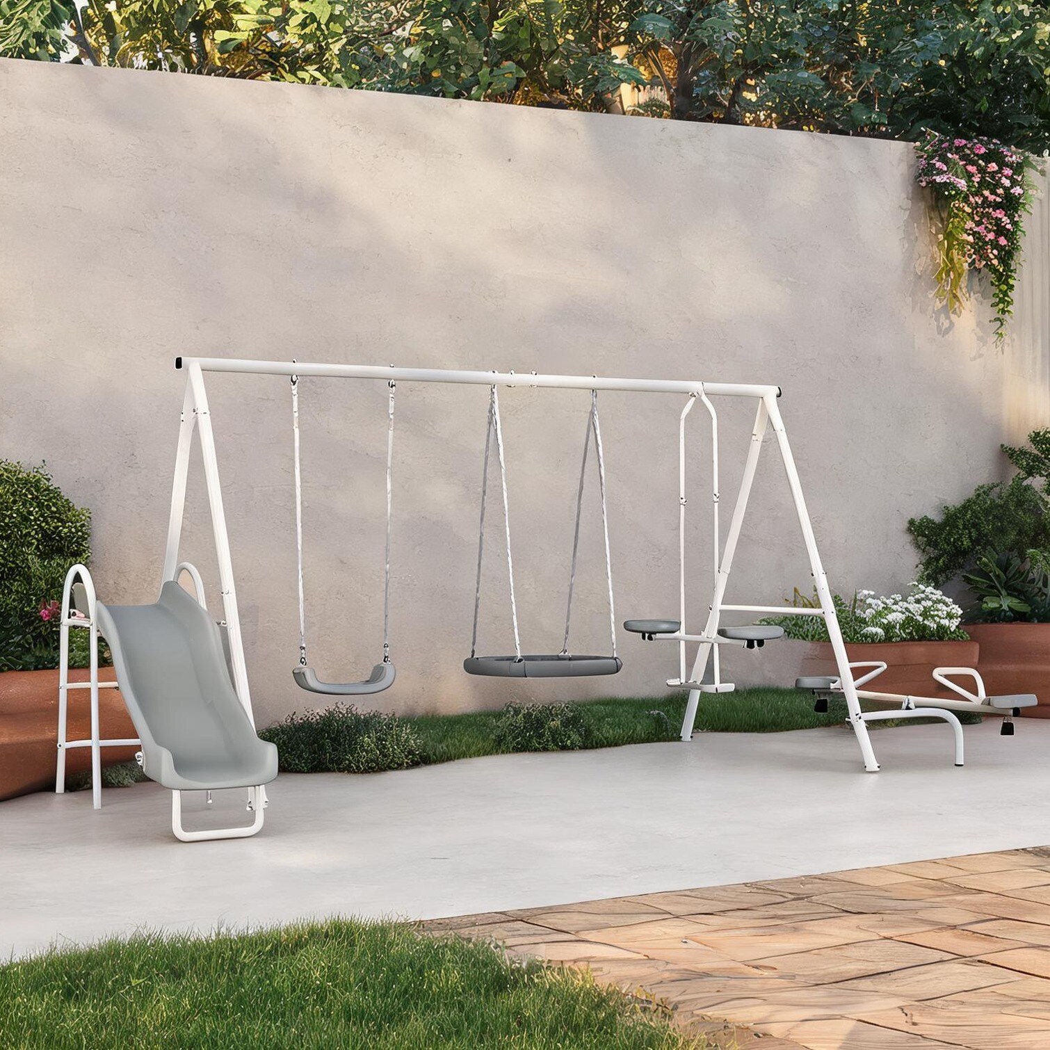 Naturefalls Heavy-Duty Steel Kids Swing Set with 5 Activities Neutral Gray Accommodates 7 Children