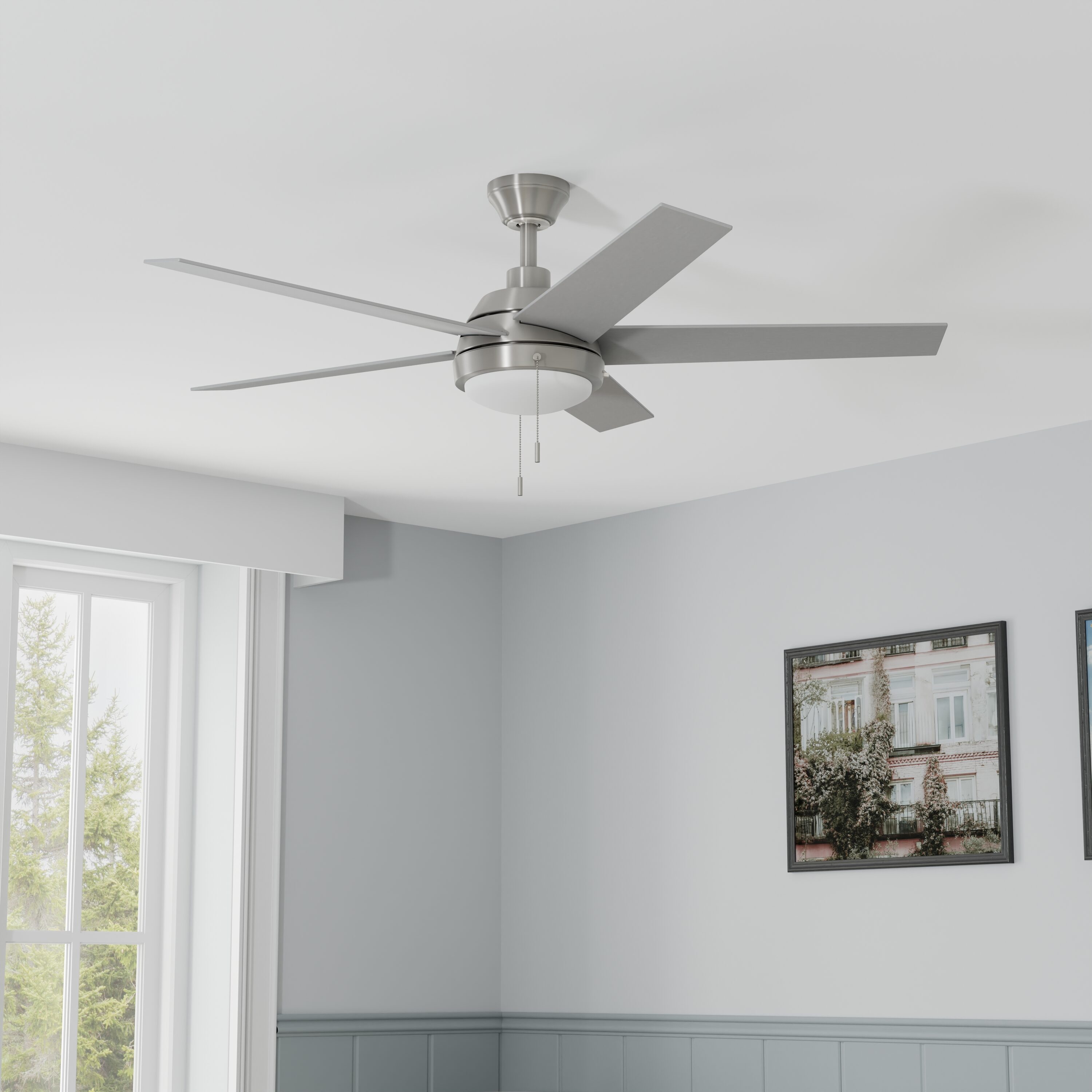 Harbor Breeze COV52BNK5L Amberwood 52-in Color-Changing Integrated LED Brushed Nickel with Walnut/Silver Blades Ceiling Fan With Light ( 5 -Blade )