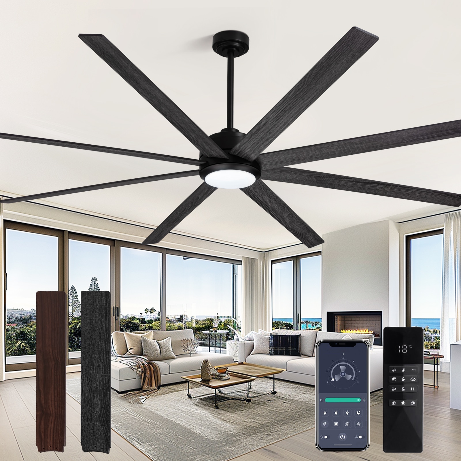 WDETR  84-in Black Morden 8-blades LED Fandelier with Light Ceiling Fan with Lights APP/Remote Control