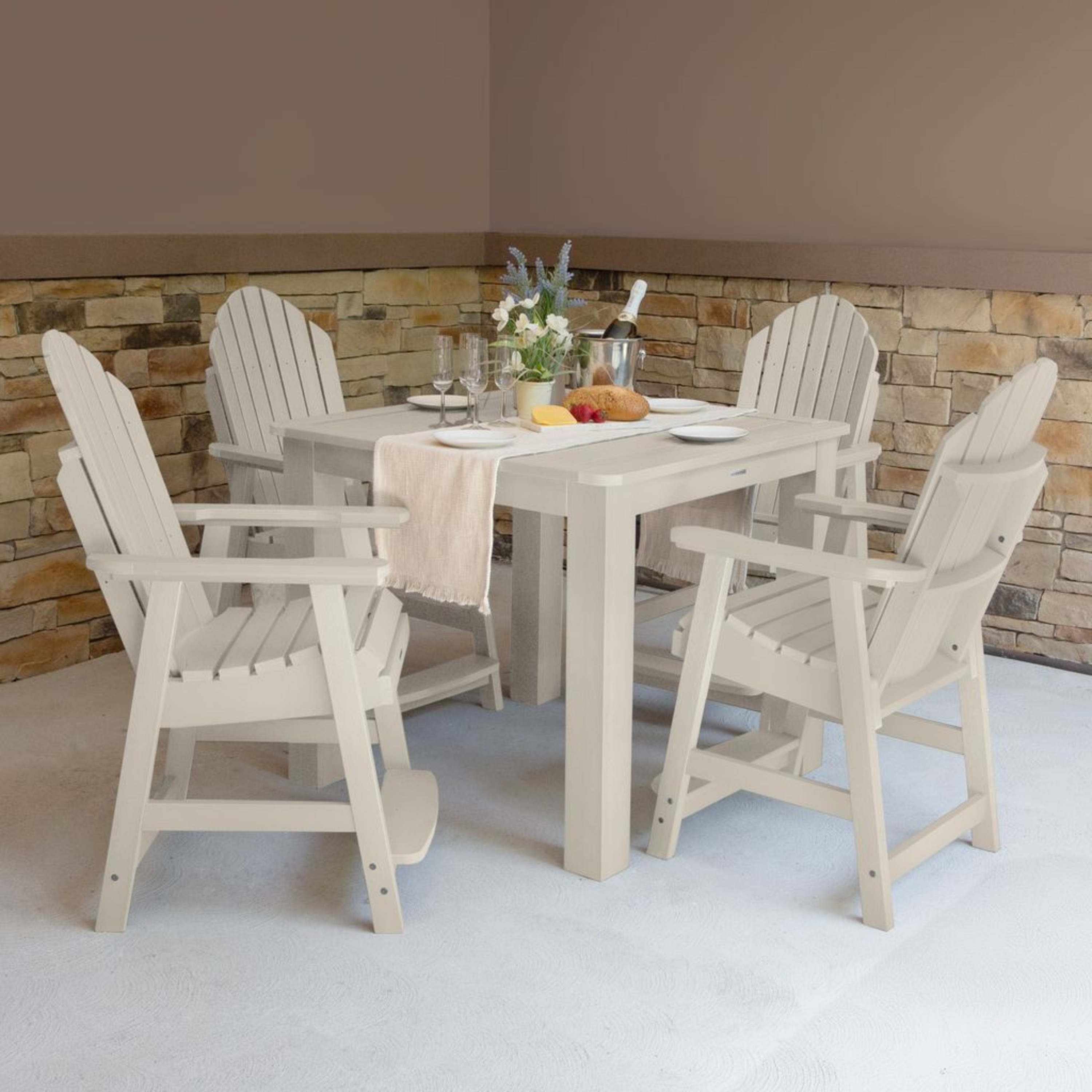 highwood AD-CNA44-WAE Hamilton 5 -Piece Whitewash Bistro Patio Dining Set Plastic Square Table with 4 Stationary Chairs
