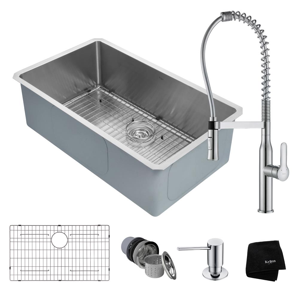 Kraus KHU100-32-1650-41CH Handmade Undermount 32-in x 19-in Satin Stainless Steel Single Bowl Kitchen Sink All-in-one Kit