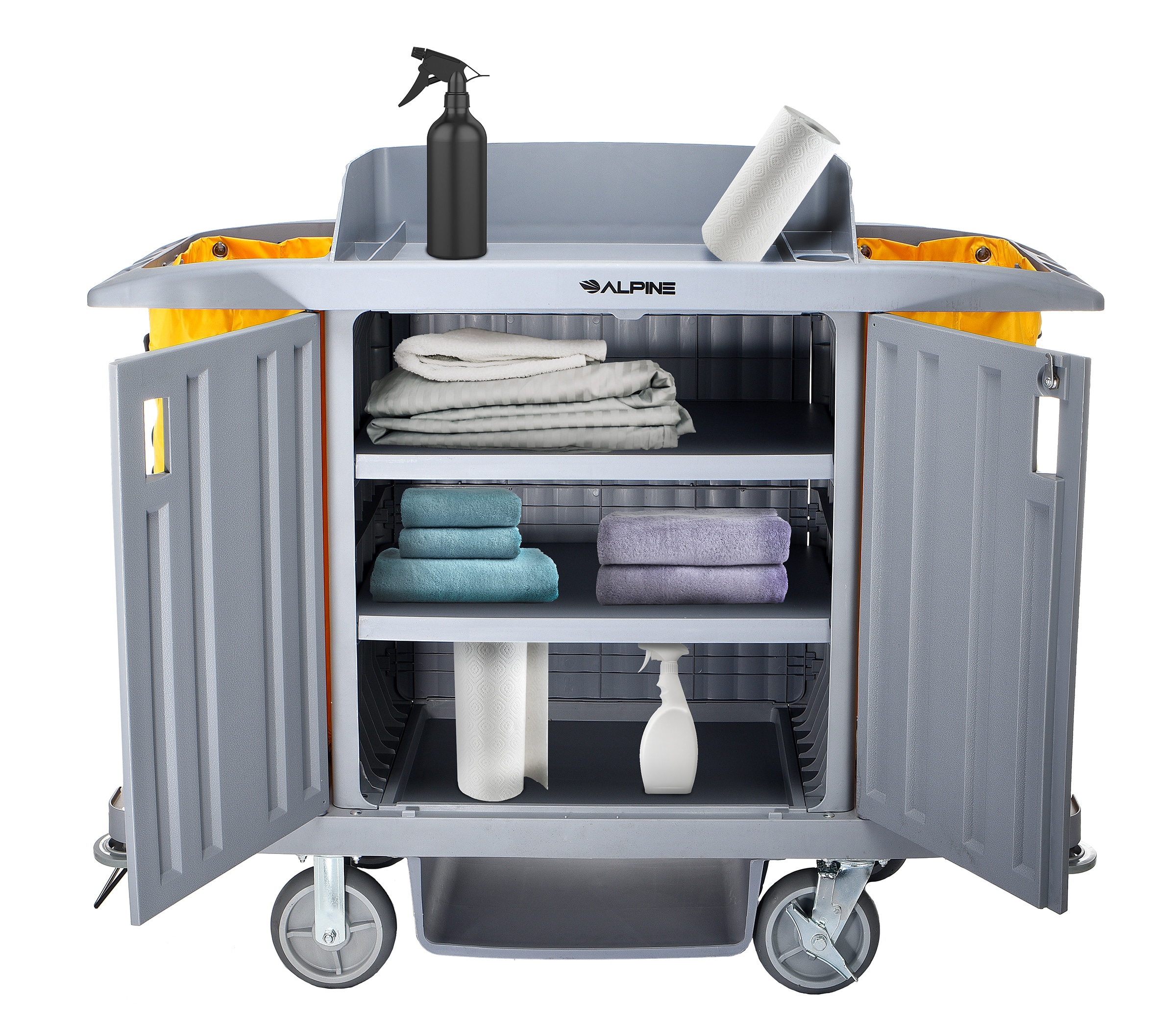 Alpine Industries Three Shelf Hotel Housekeeping Cart- Removable Bag- Gray-  Durable & Spacious- Folding Handle- 59-in x 21-in x 39-in- 27.8 lbs