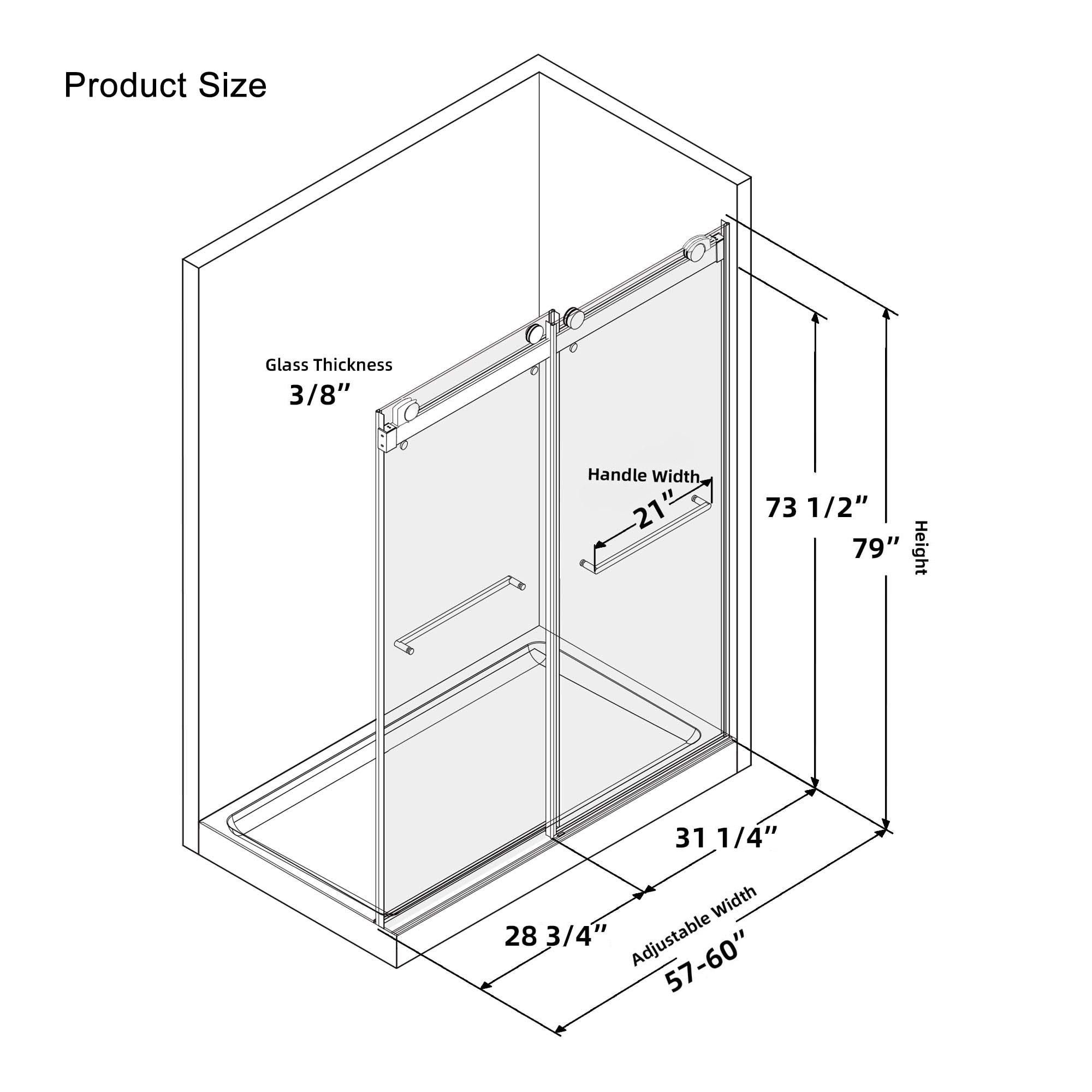 CASAINC Sliding Frameless Shower Door Brushed Nickel 60-in x 79-in ...