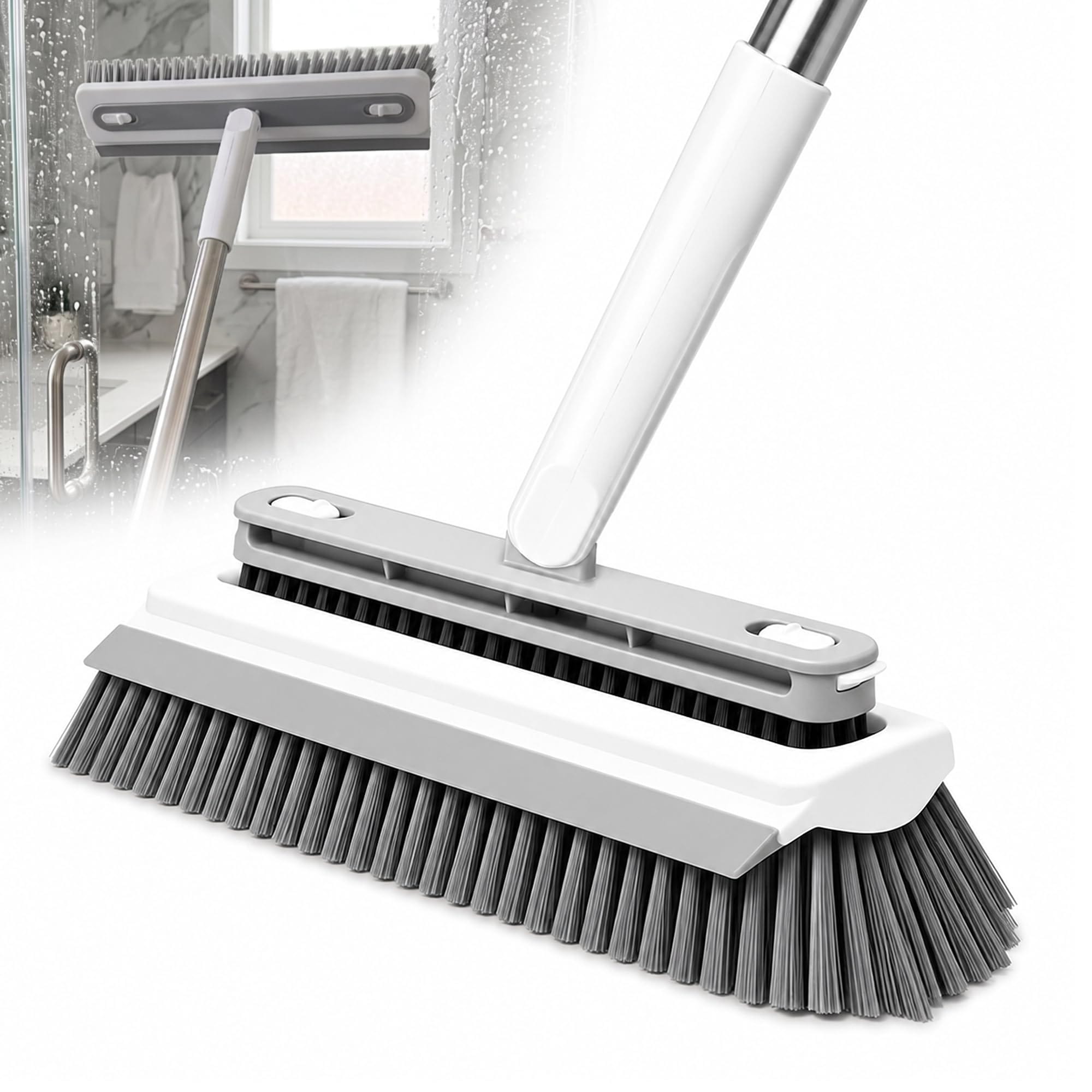 CYIKE  V Shape Floor Cleaning Brush with Removable Detail Brush Built in Squeegee and 55 Inch Long Handle for Grout Shower Tile Bathroom Patio