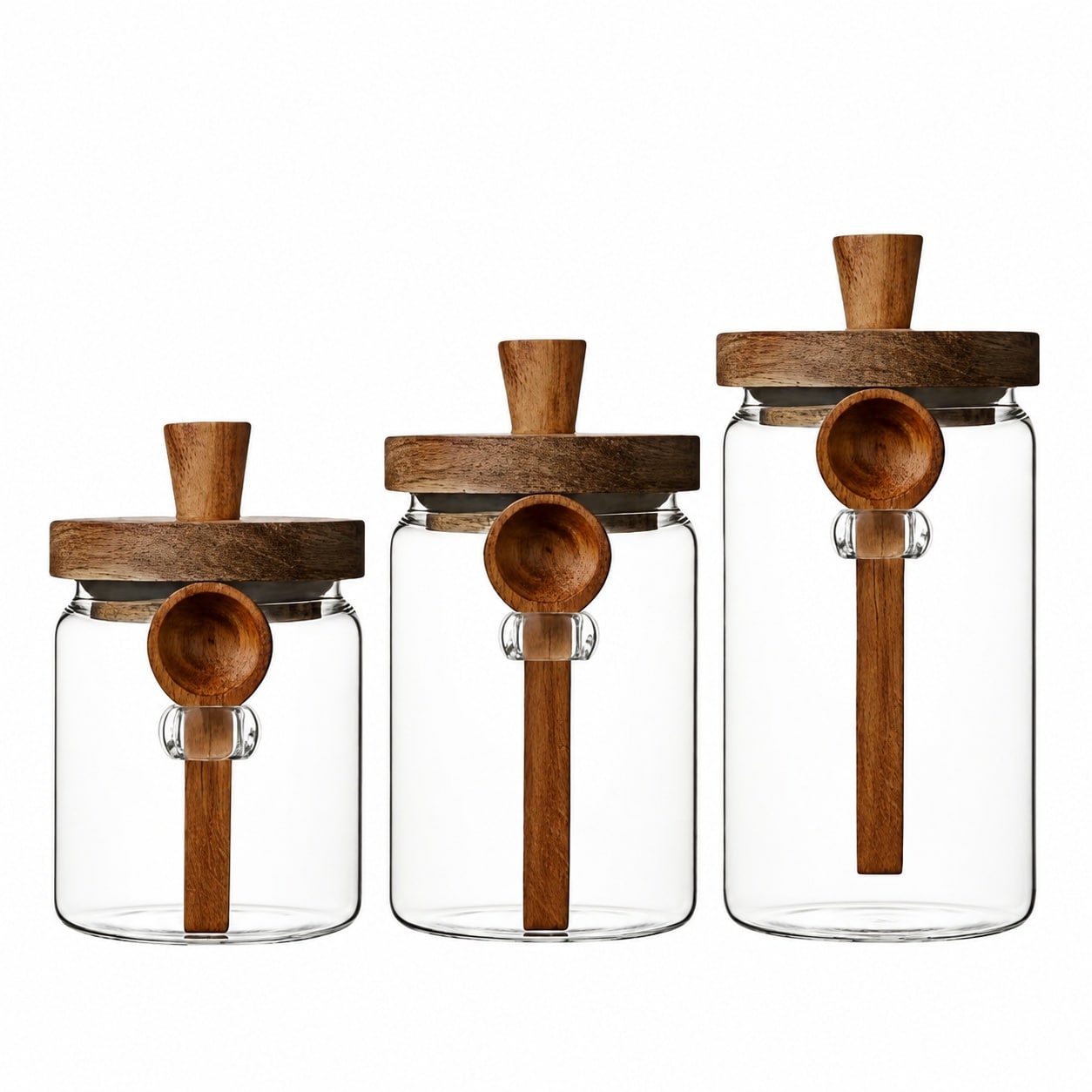 Etokfoks  3 Piece Glass Food Storage Jar Set with Airtight Wooden Lids and Spoons Clear Pantry Containers for Coffee Beans