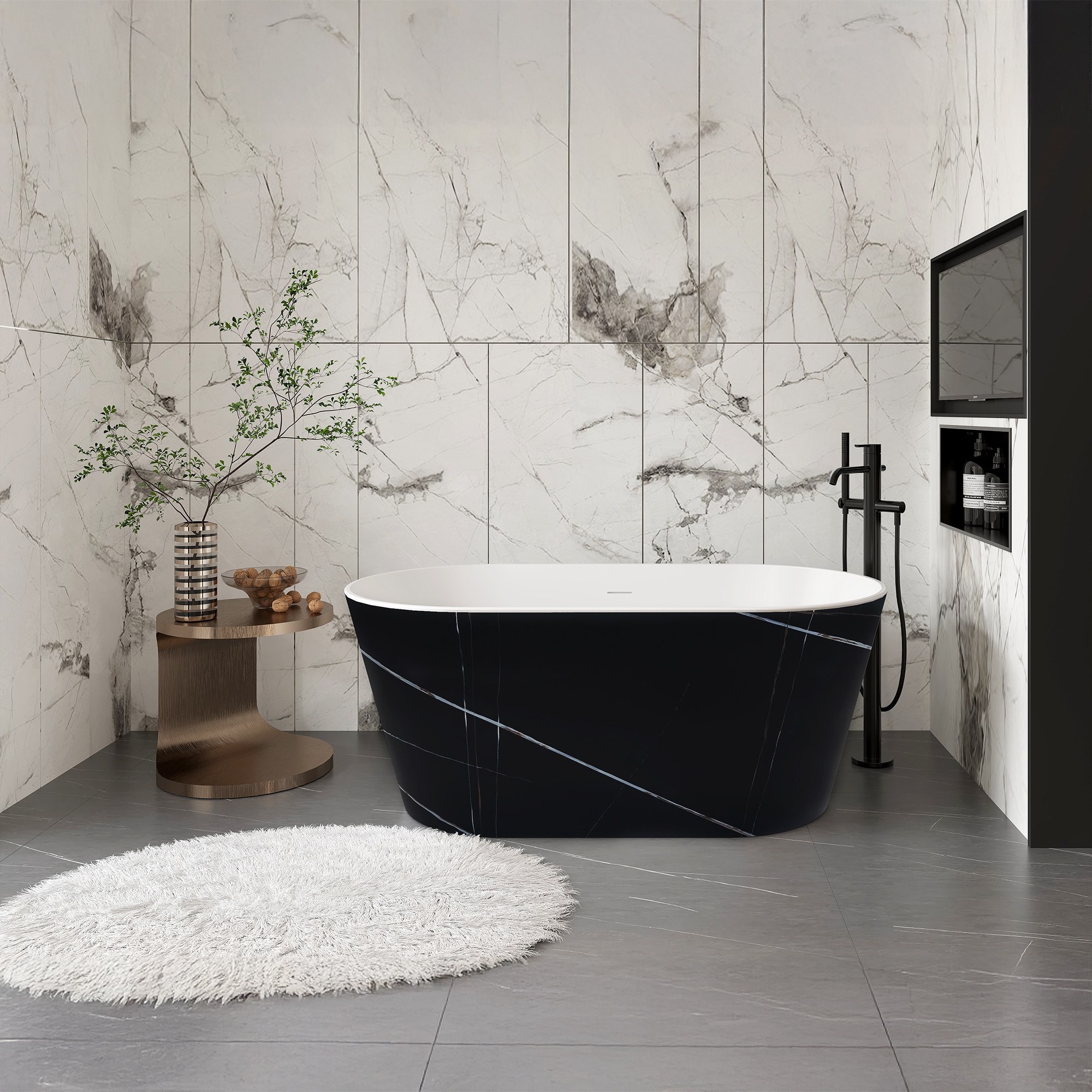 AKDY BT0222-47 Freestanding Tub 28.7-in x 53.9 Glossy black Acrylic Oval Freestanding Soaking bathtub with Drain ( Center Drain )