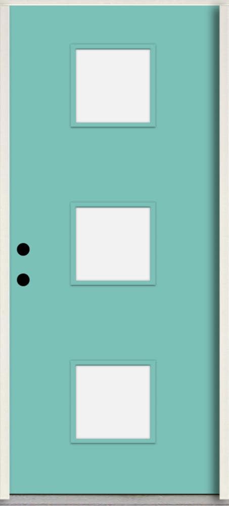 RELIABILT LO1066509 Spotlights 32-in x 80-in x 4-5/8-in Fiberglass 1/4 lite Right-hand inswing Caribbean Blue Paint Painted Prehung Front Door Insulating core