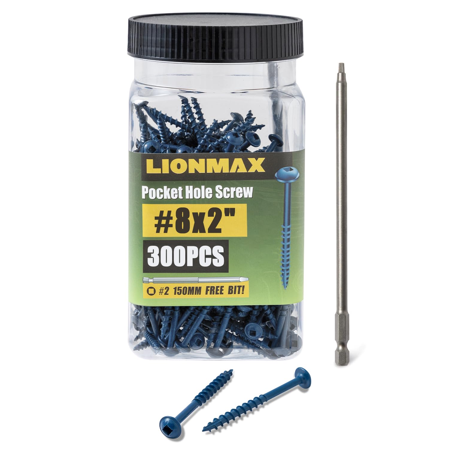 LIONMAX  Pocket Hole Screws 2 Inch 300 PCS Exterior 8 Pocket Screws Blue Coated Weather Resistant Coarse Thread Outdoor Use Wood Screws Square Drive Self Tapping 150MM Drive Bit Included
