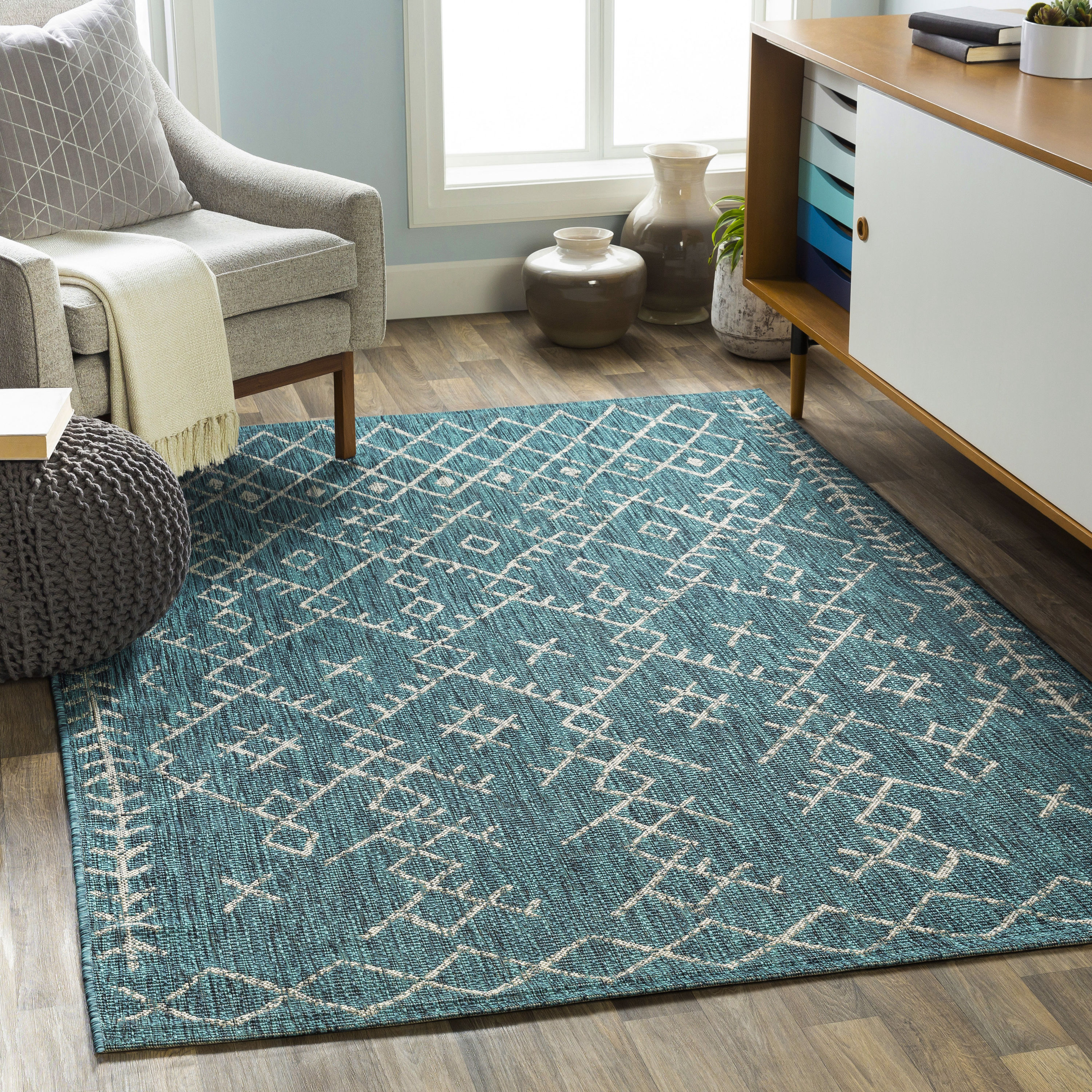 Surya Eagean 8 x 10 Aqua Indoor/Outdoor Geometric Moroccan Area Rug in the Rugs department at Lowes.com