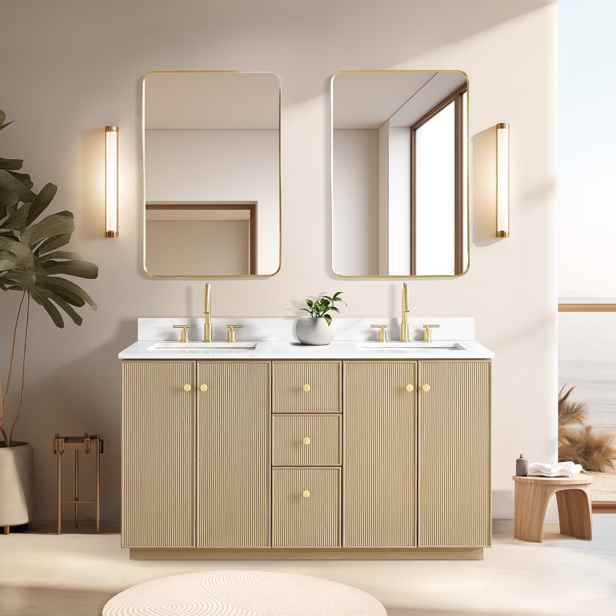 Vinnova 706960M-AN-BK-NM Oza 60-in Aged Natural Oak Finish Undermount Double Sink Bathroom Vanity with Fish Maw White Quartz Engineered Stone Top