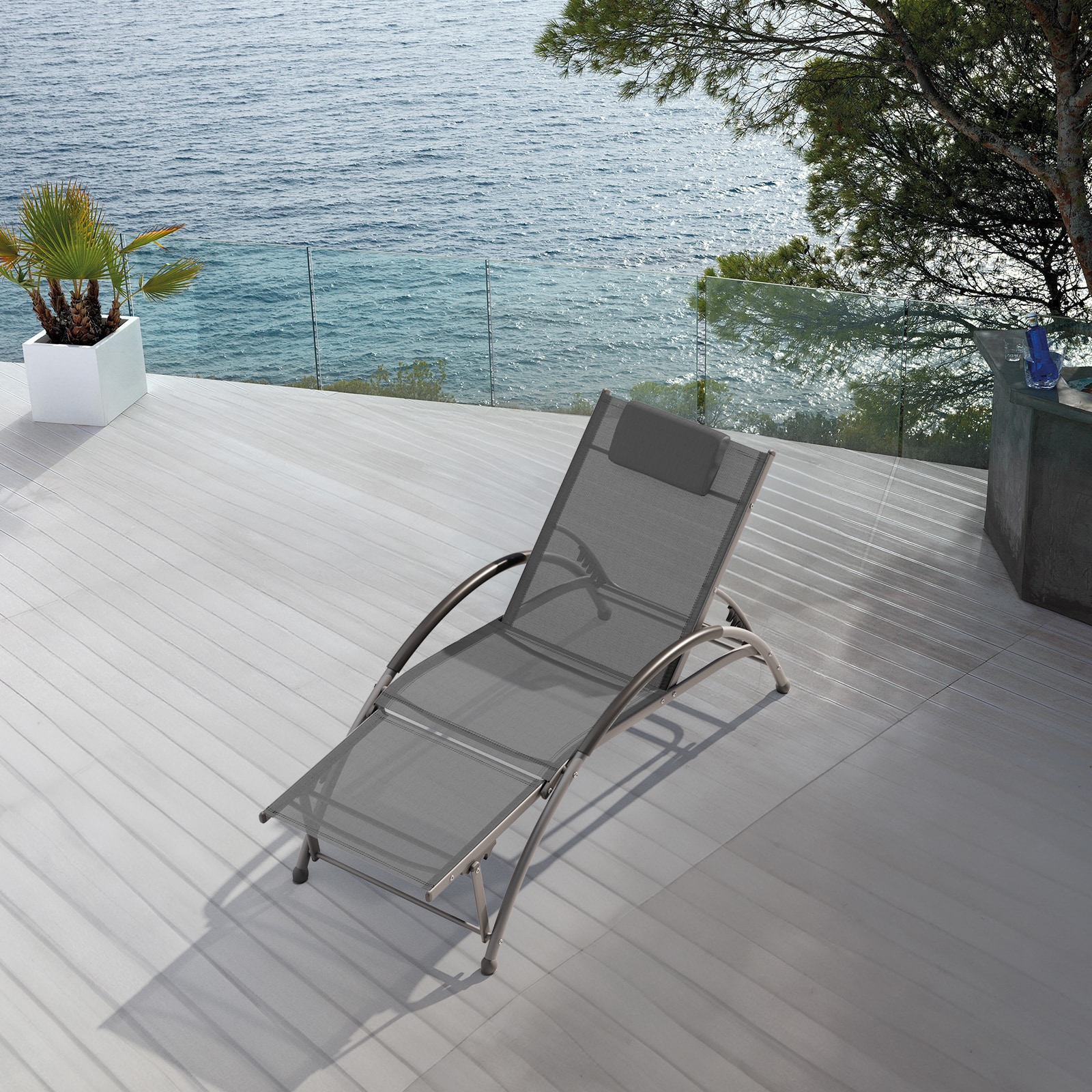 JEAREY YMLZ-TY-KQ Patio Aluminum Lounge Rocking Chair GRAY Aluminum Frame Stationary Chaise Lounge Chair with Brown Solid Seat